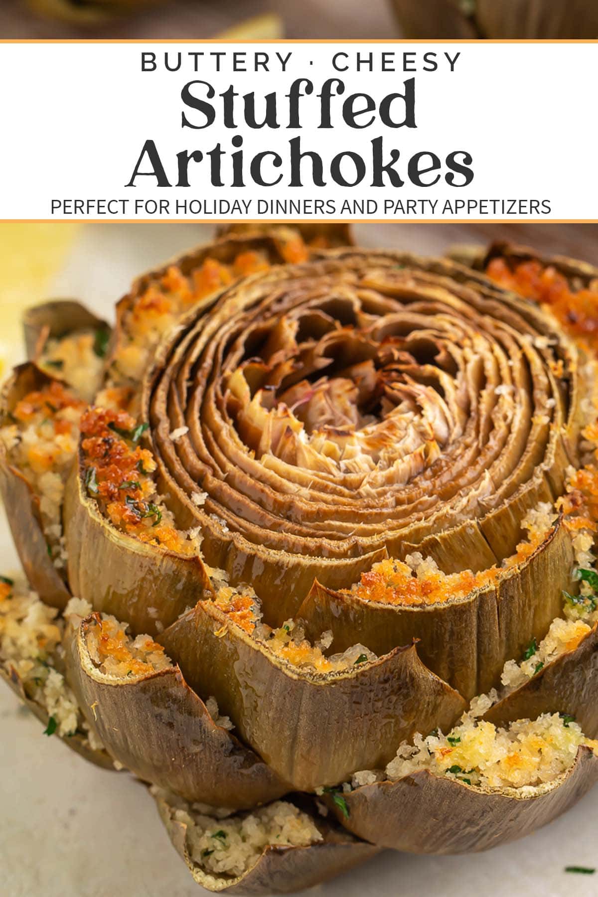 Pin graphic for stuffed artichokes.