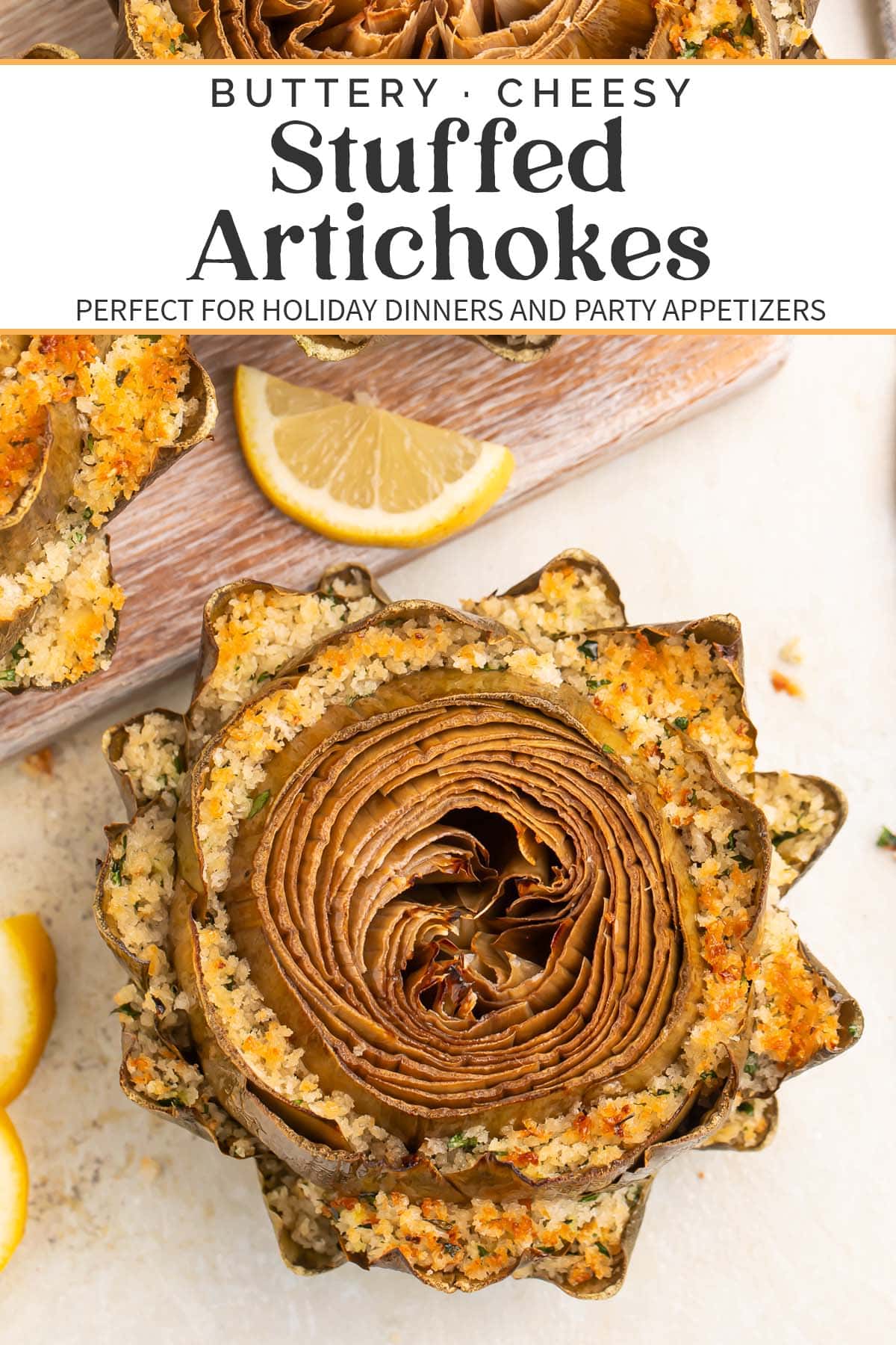 Pin graphic for stuffed artichokes.