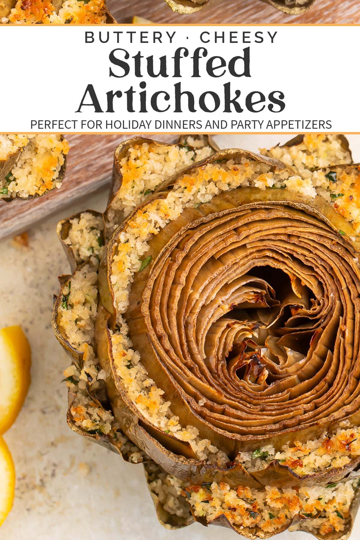 Pin graphic for stuffed artichokes.