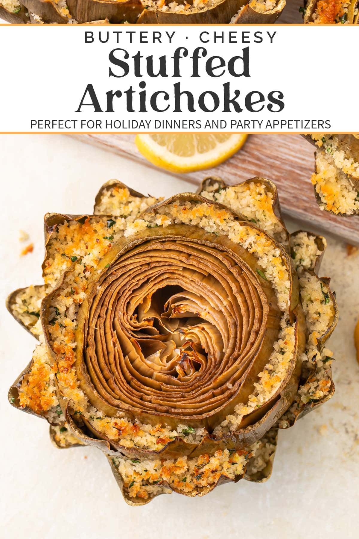 Pin graphic for stuffed artichokes.