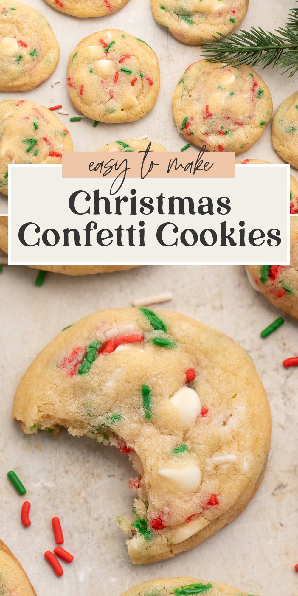 Pin graphic for Christmas confetti cookies.