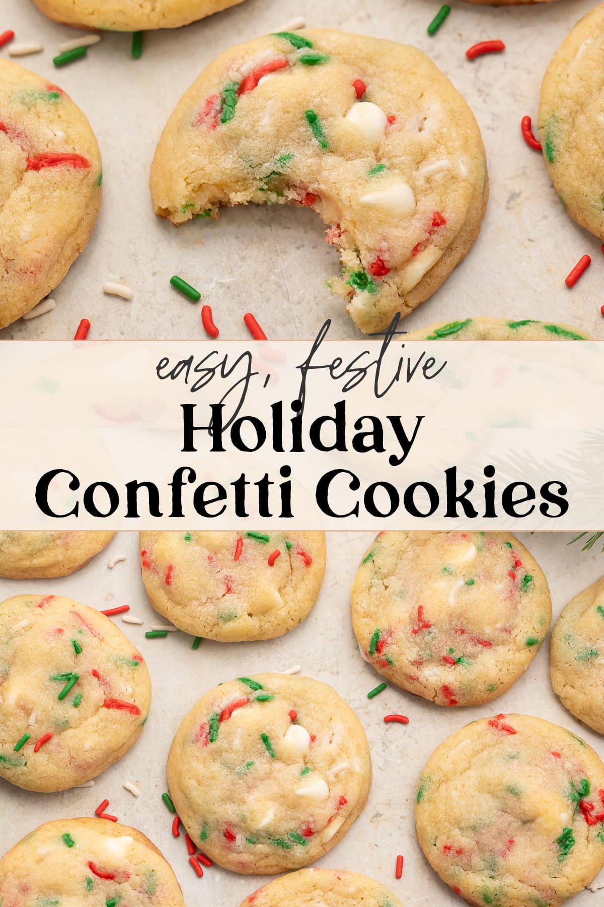 Pin graphic for Christmas confetti cookies.