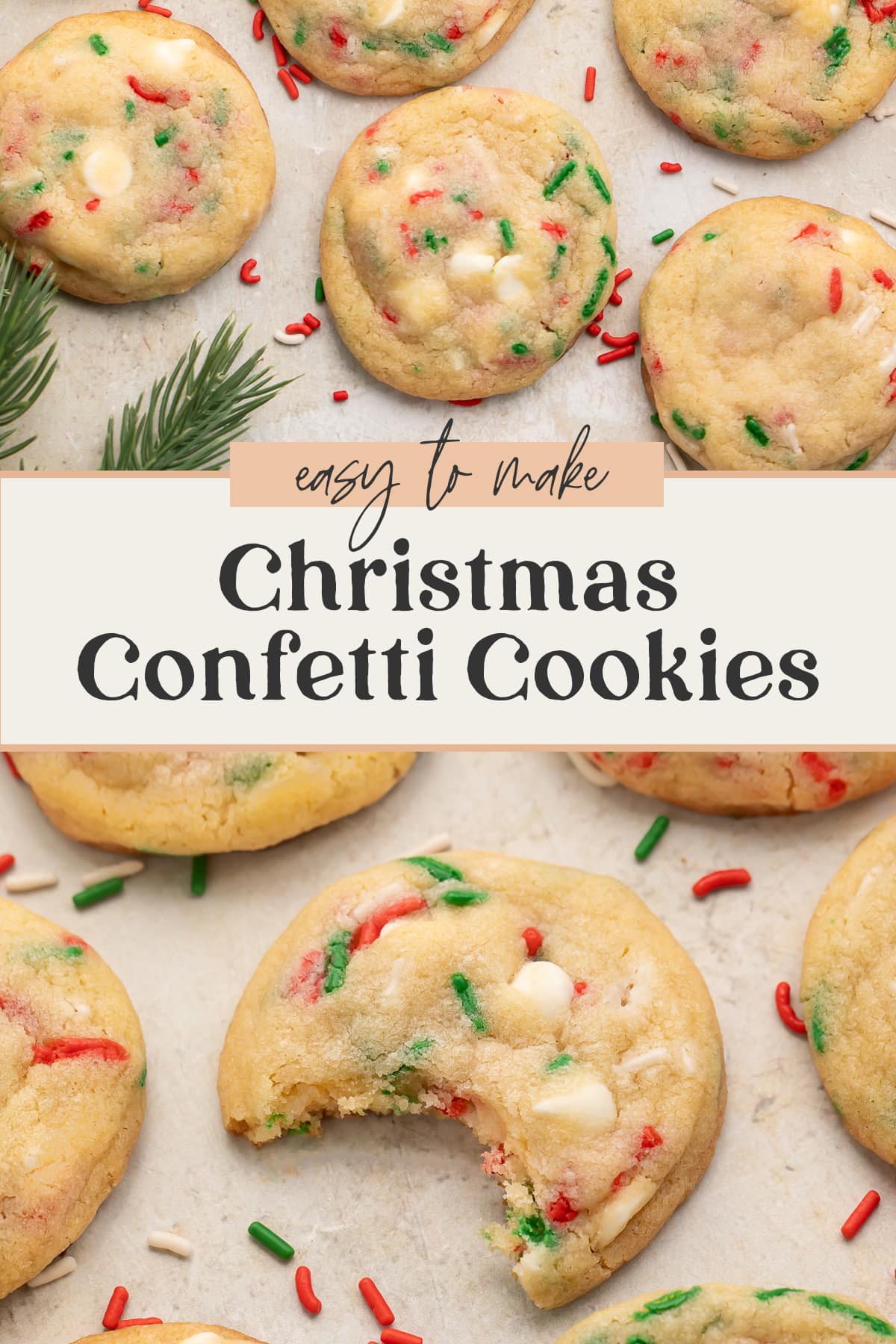 Pin graphic for Christmas confetti cookies.