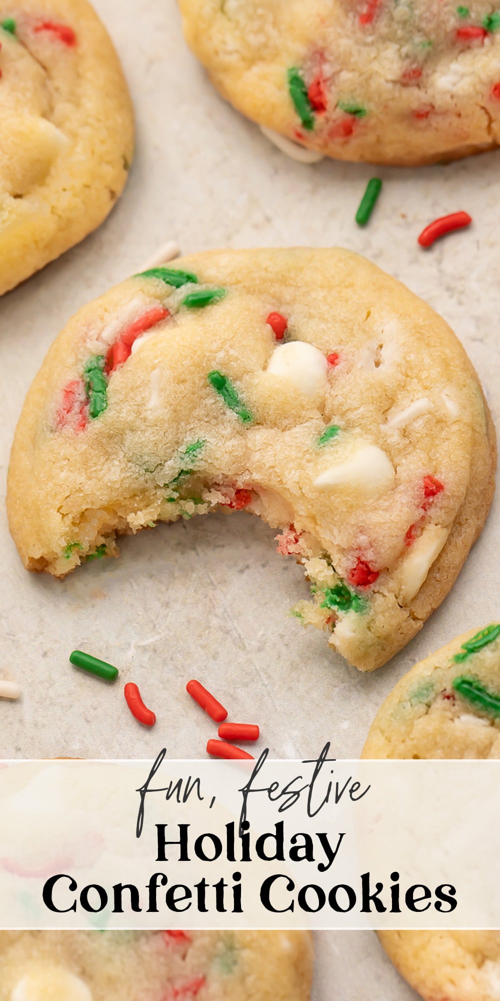 Pin graphic for Christmas confetti cookies.