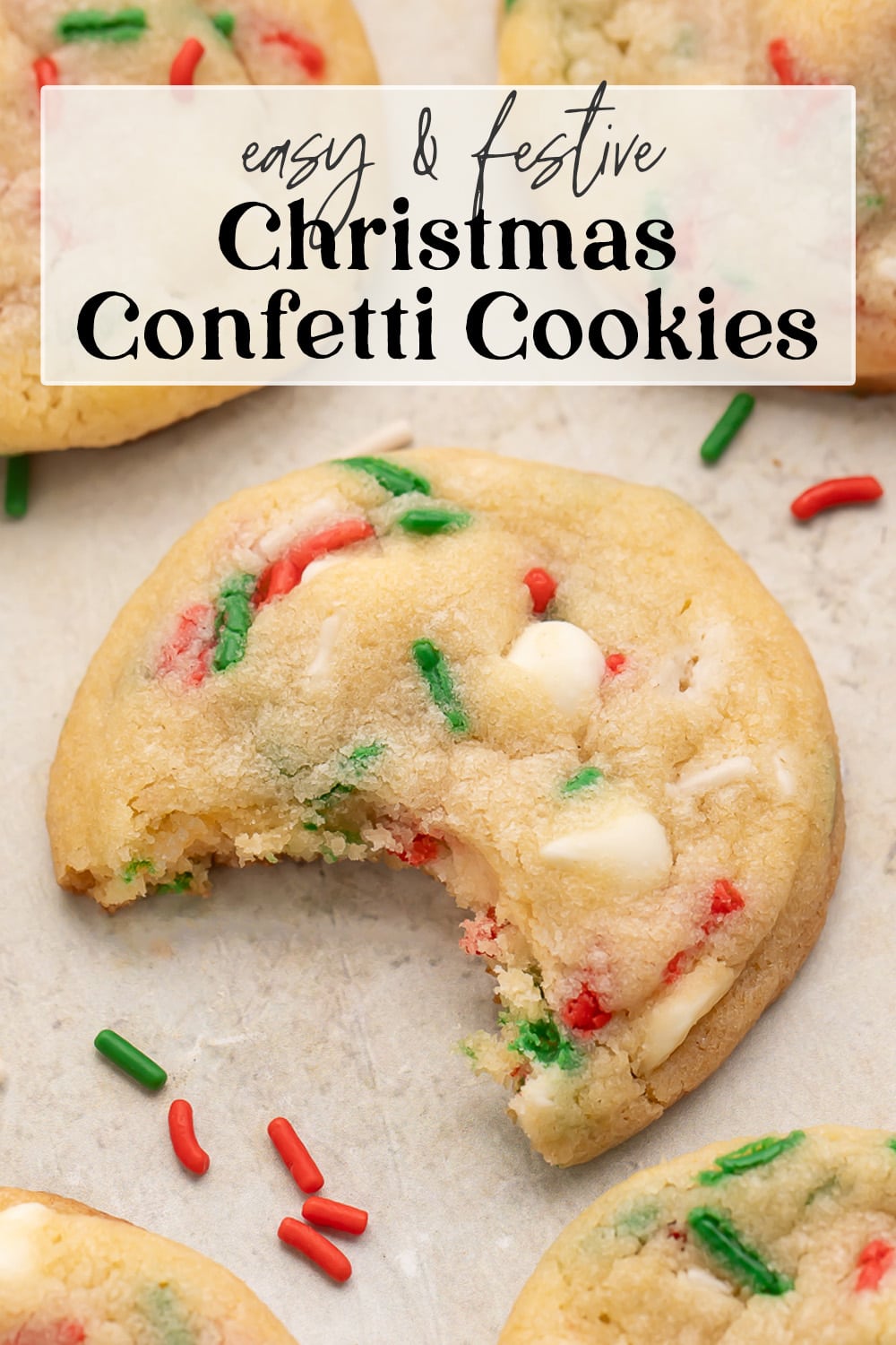 Pin graphic for Christmas confetti cookies.