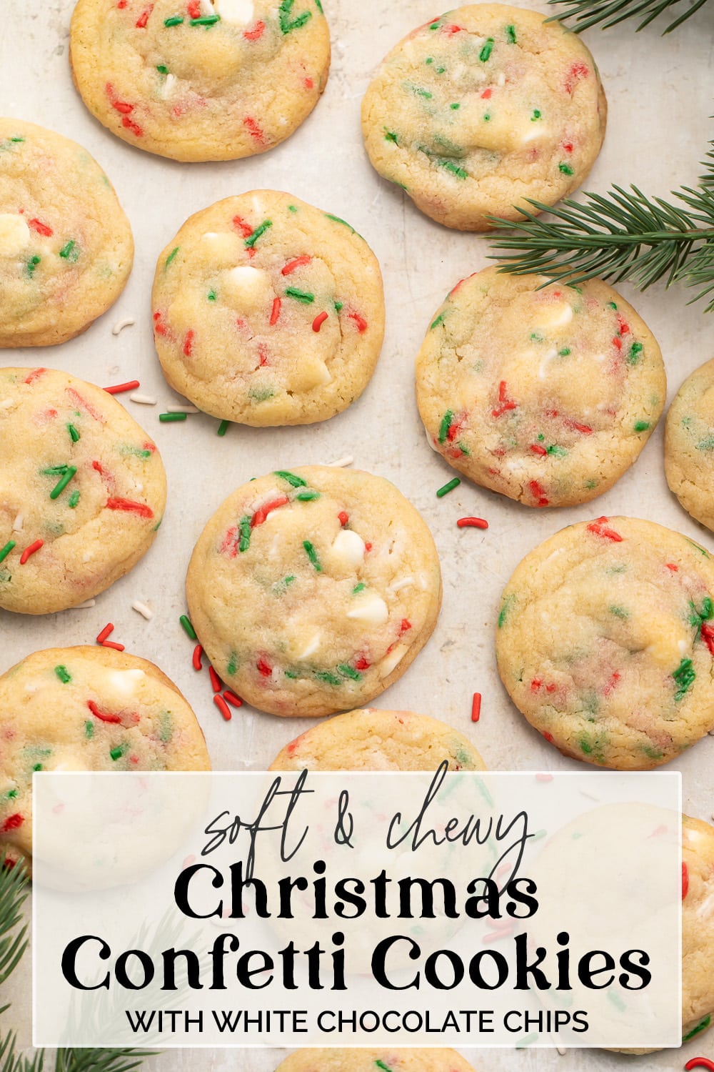 Pin graphic for Christmas confetti cookies.