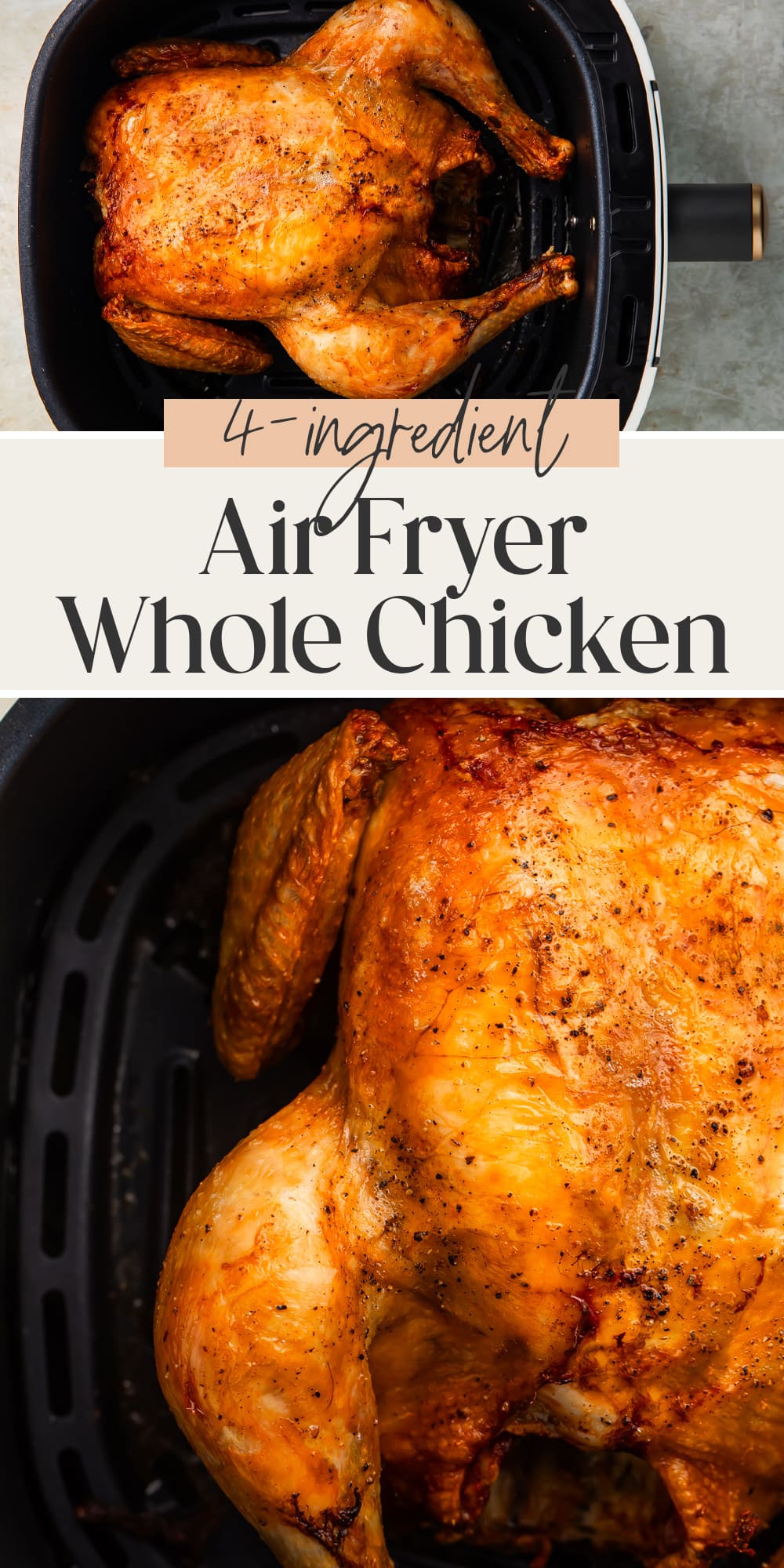 Pin graphic for air fryer whole chicken.