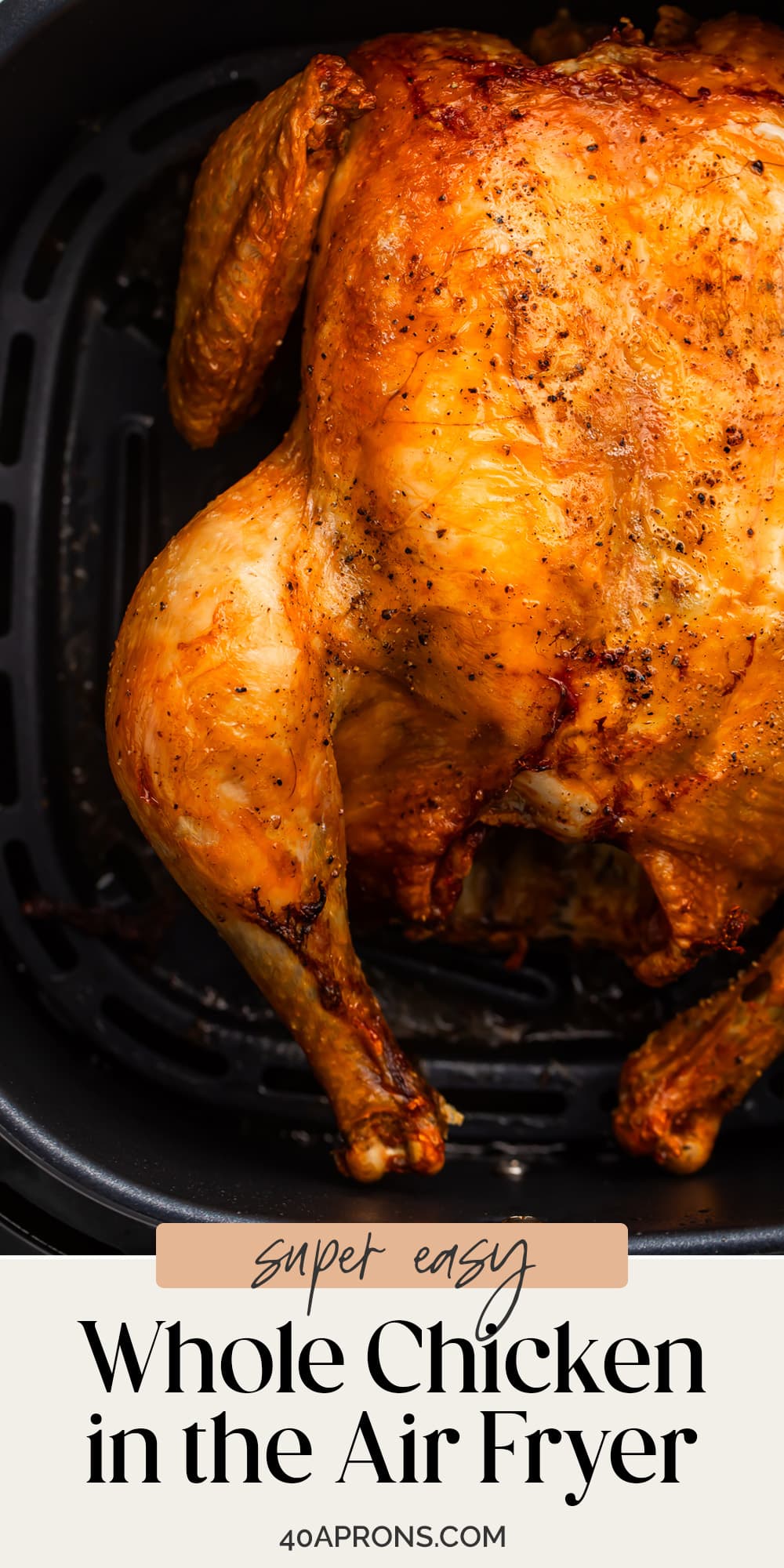 Pin graphic for air fryer whole chicken.