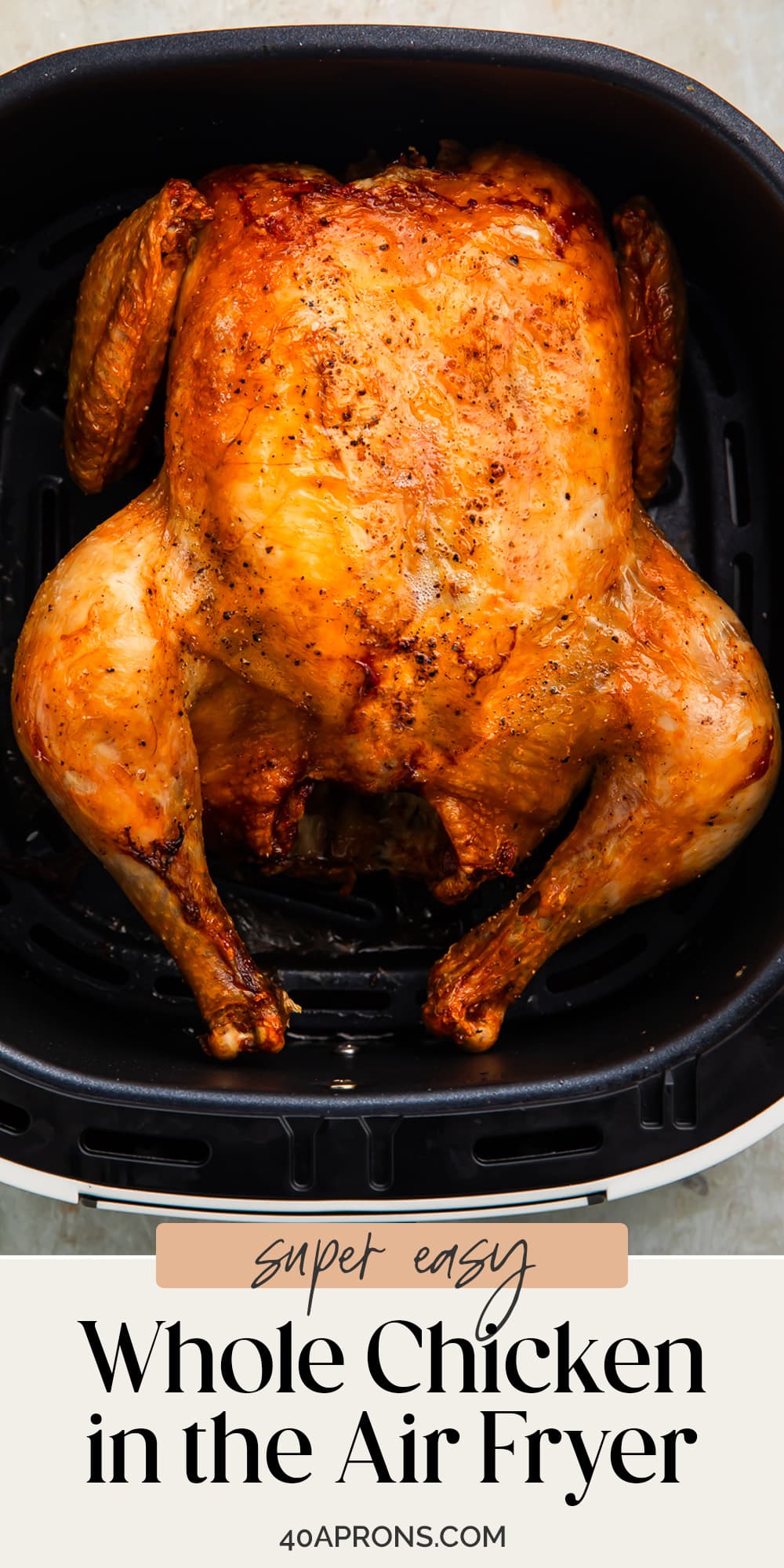 Pin graphic for air fryer whole chicken.