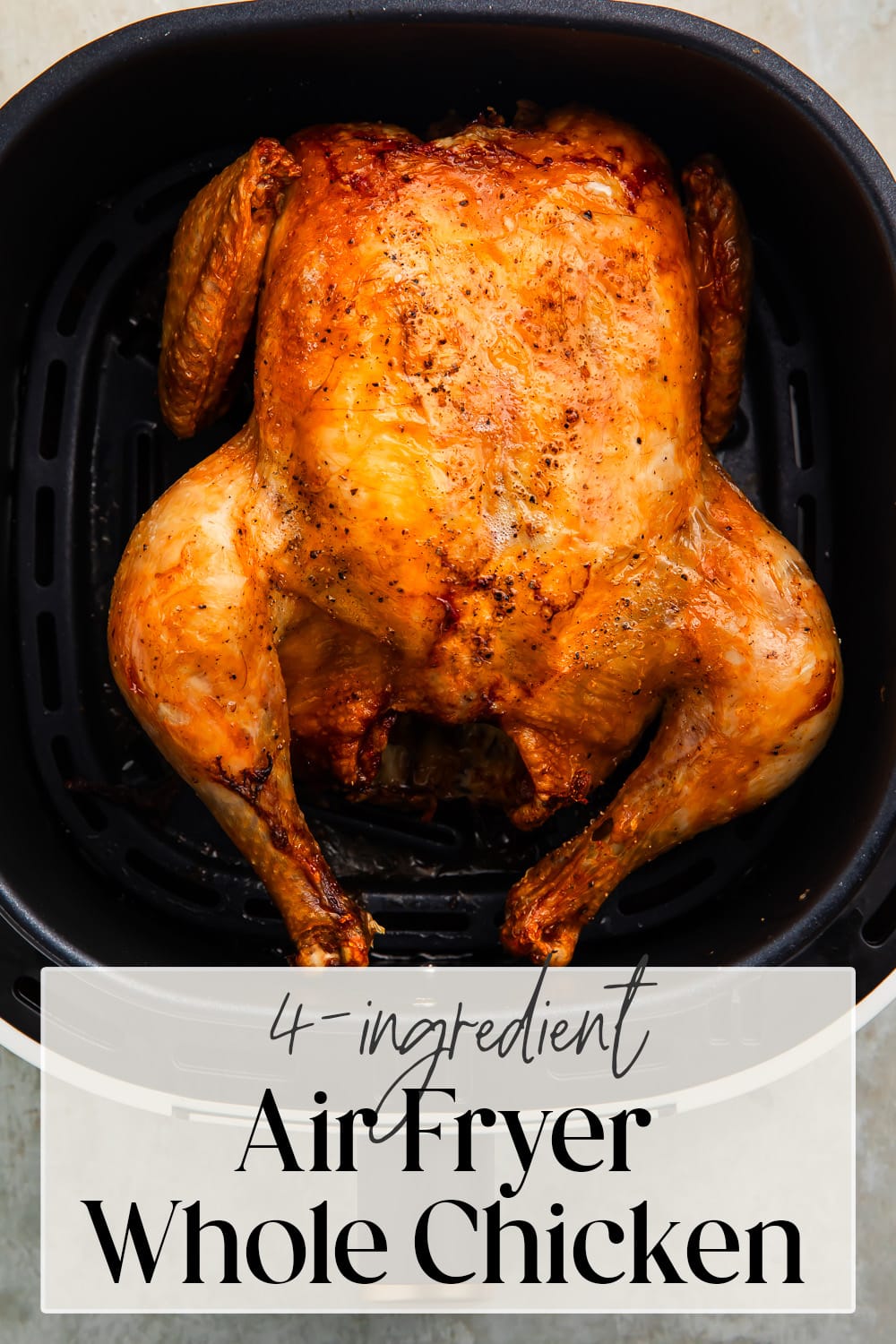 Pin graphic for air fryer whole chicken.