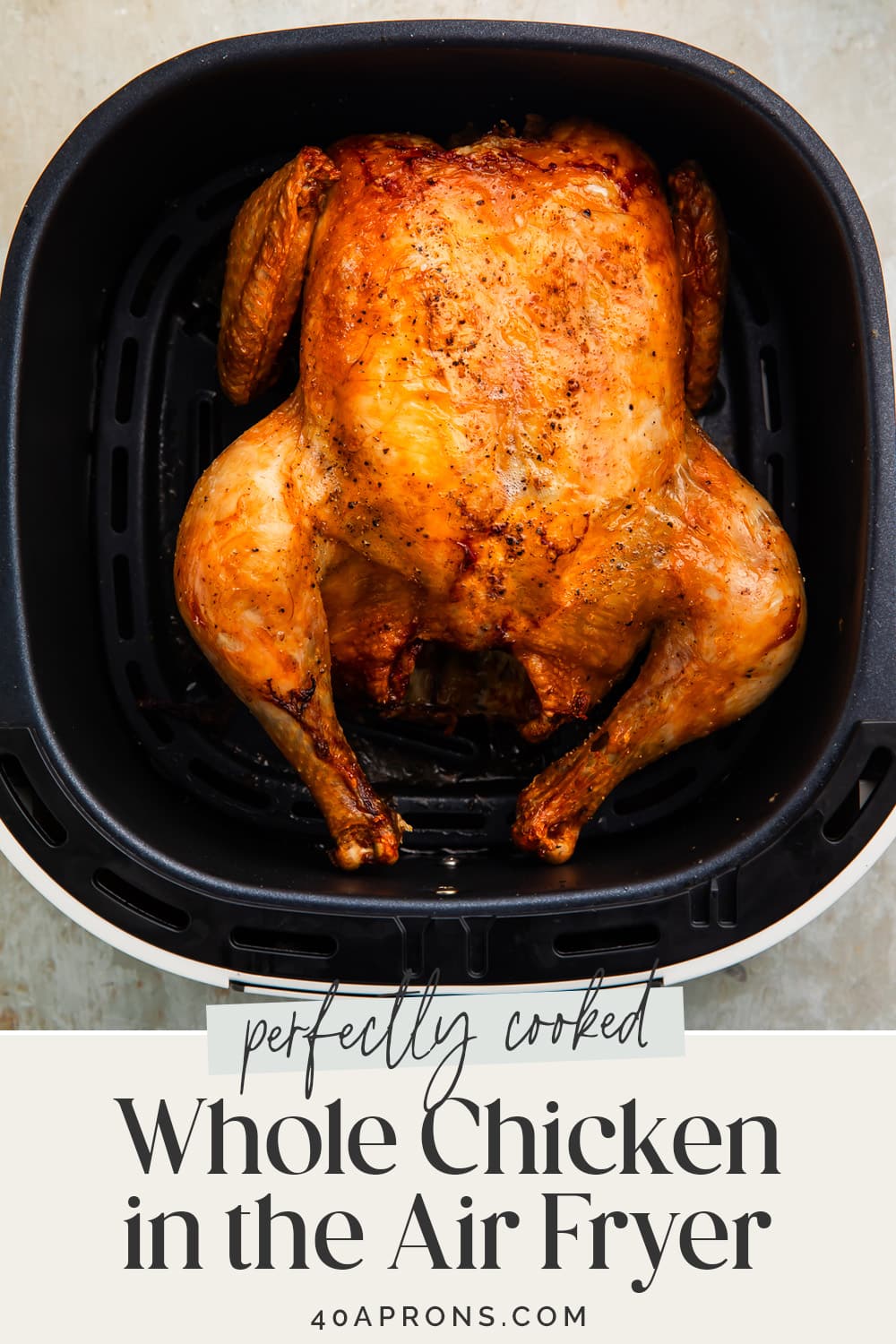 Pin graphic for air fryer whole chicken.