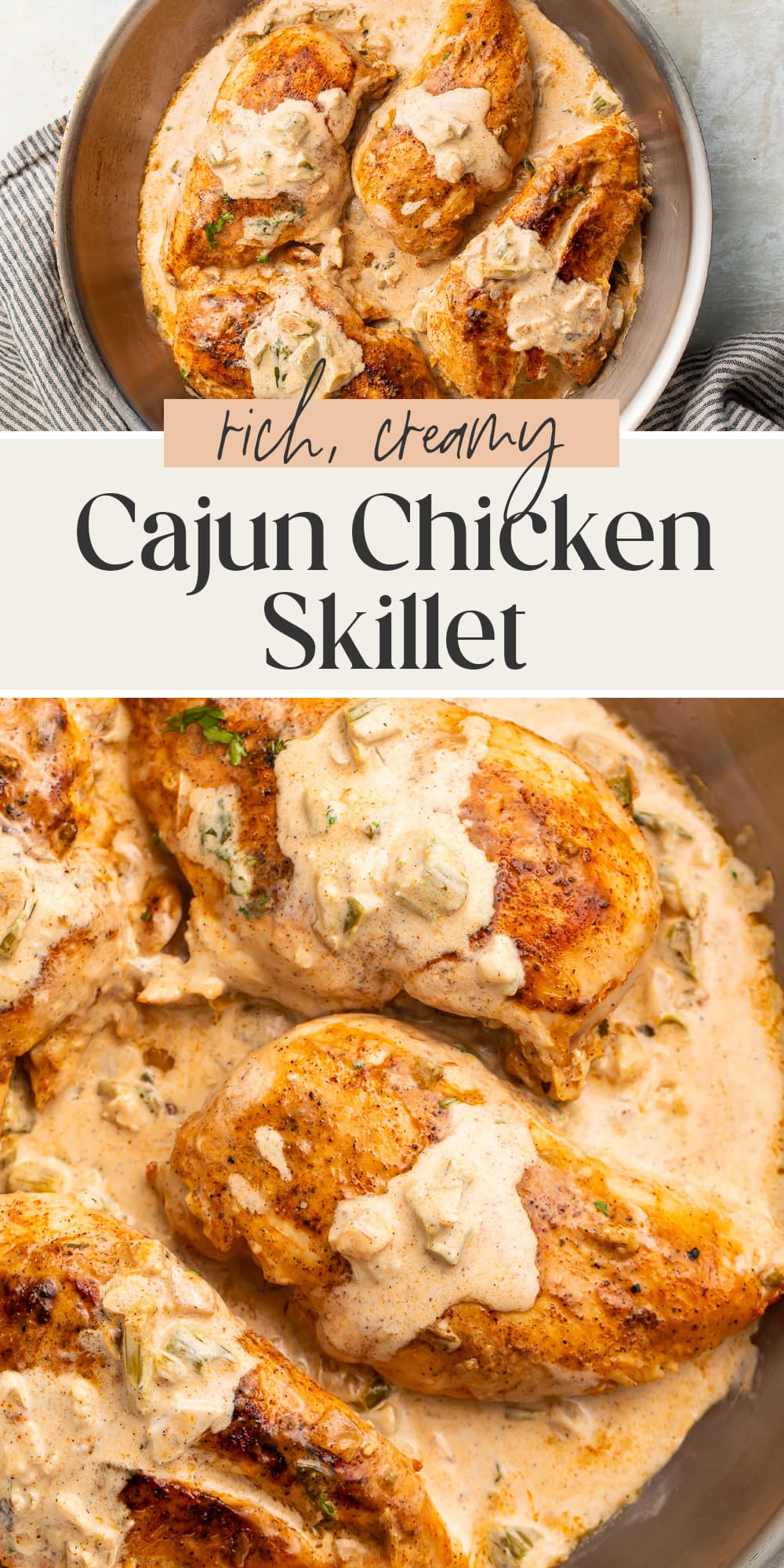 Pin graphic for creamy Cajun chicken skillet.