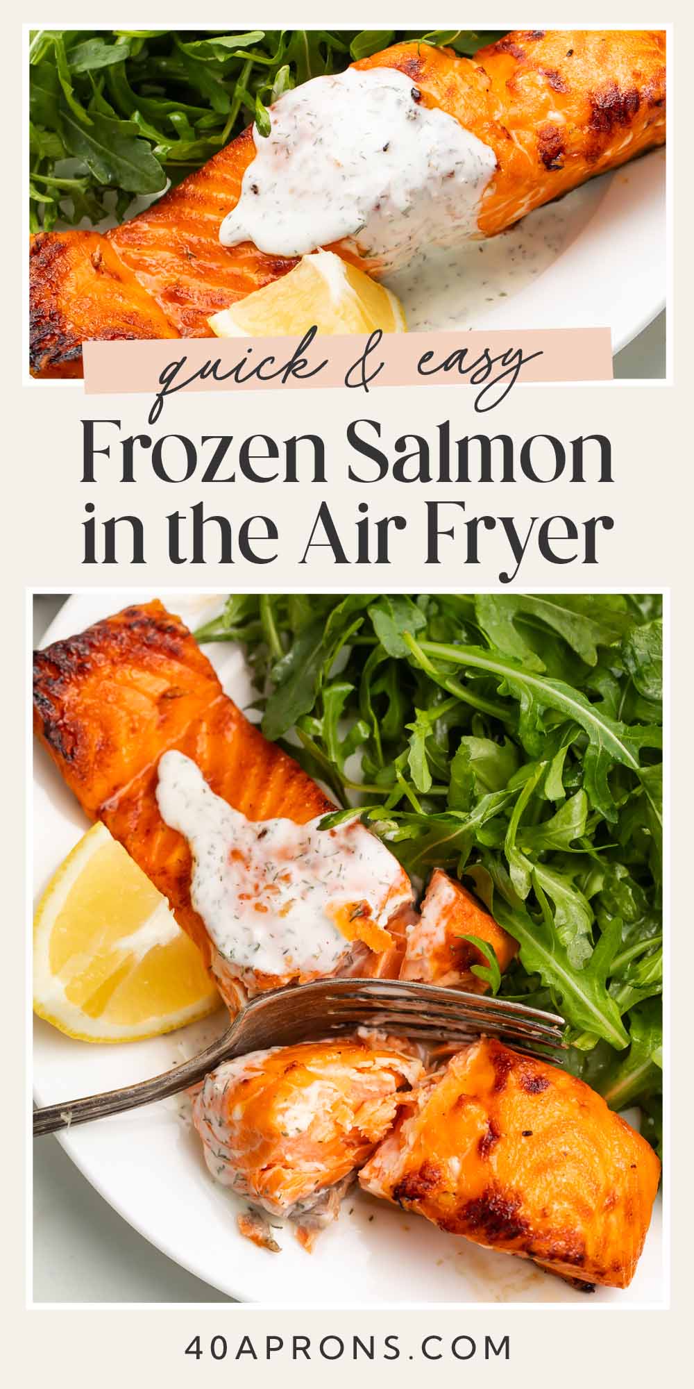 Pin graphic for frozen salmon in the air fryer.