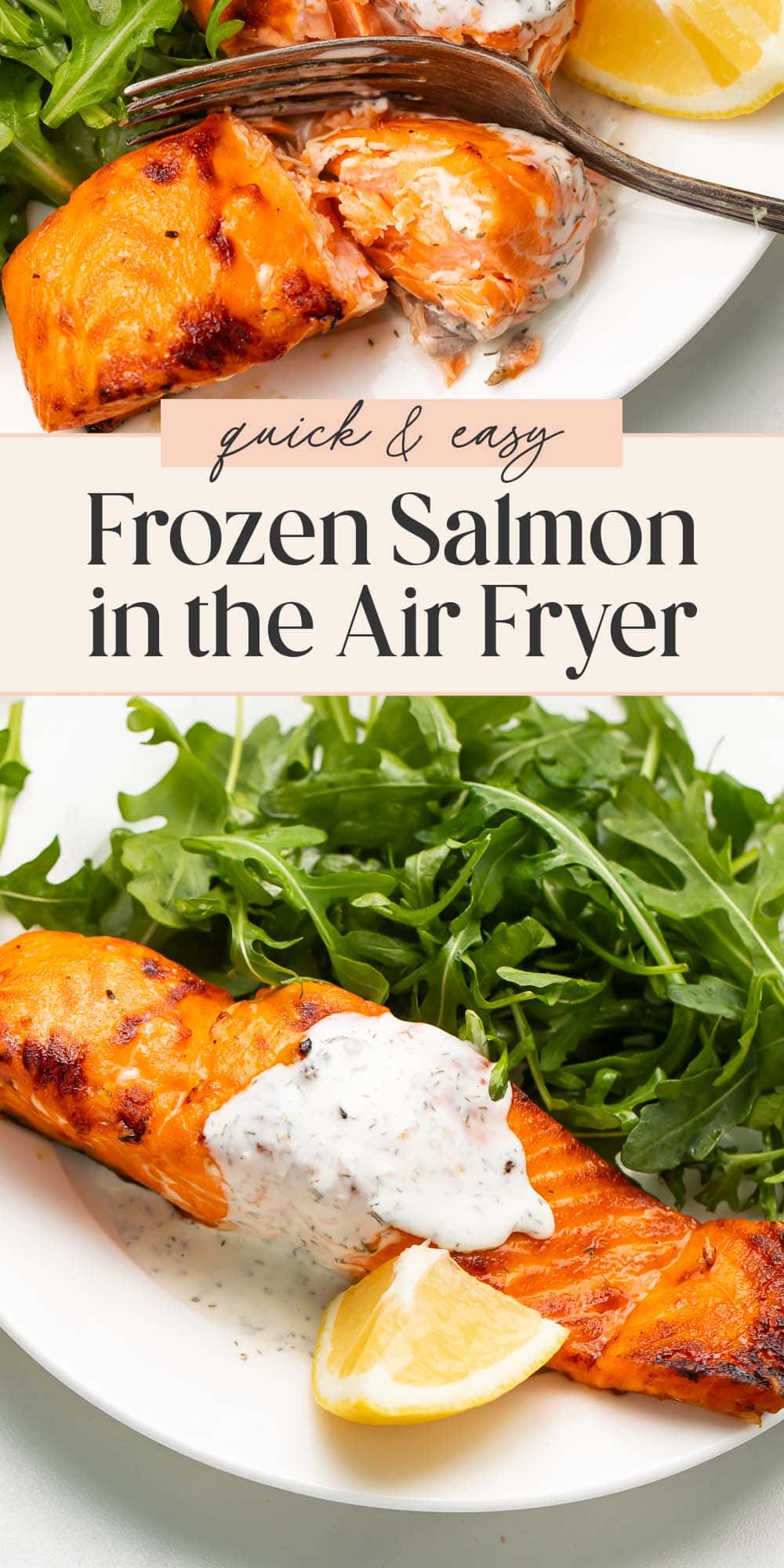 Pin graphic for frozen salmon in the air fryer.