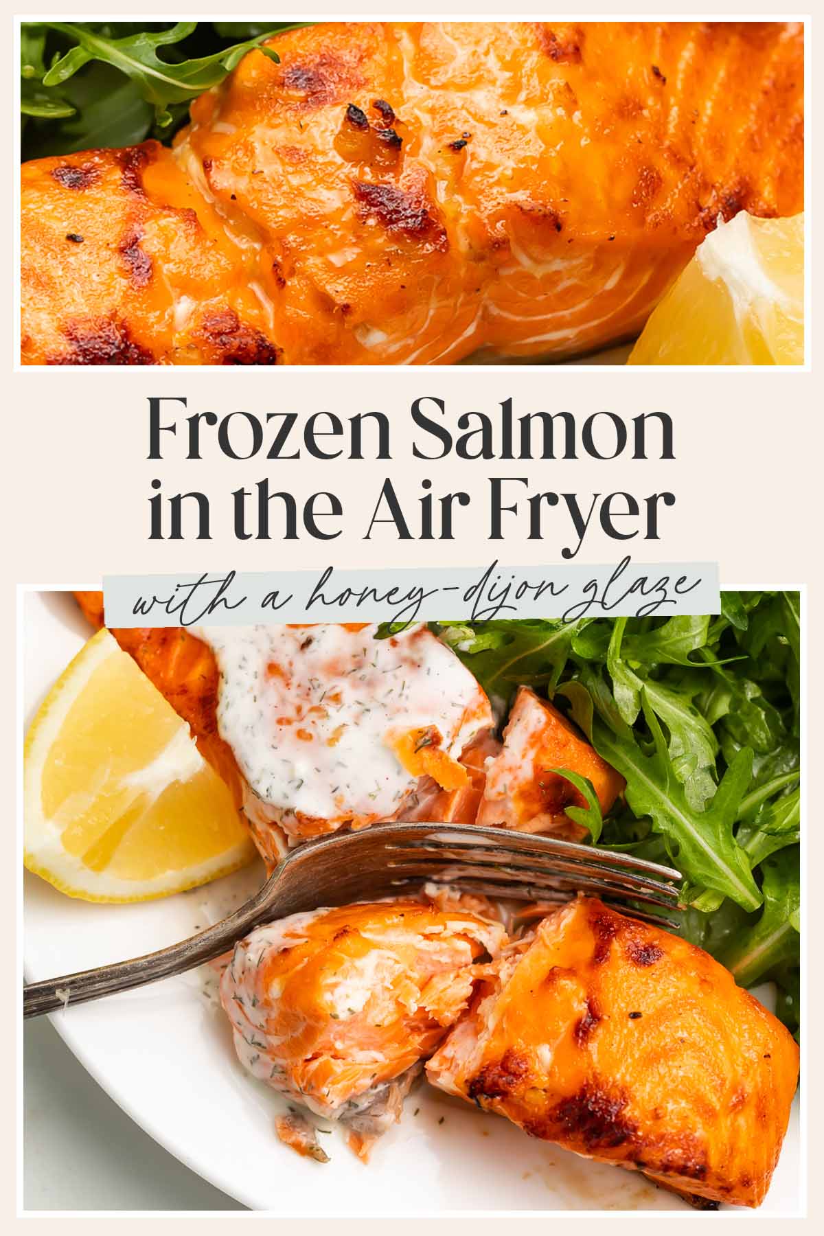 Pin graphic for frozen salmon in the air fryer.