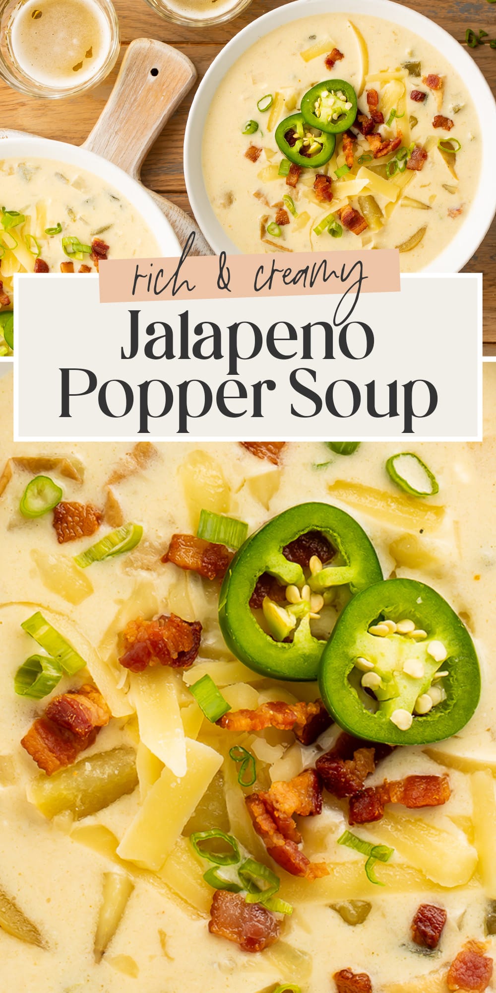 Pin graphic for jalapeño popper soup.