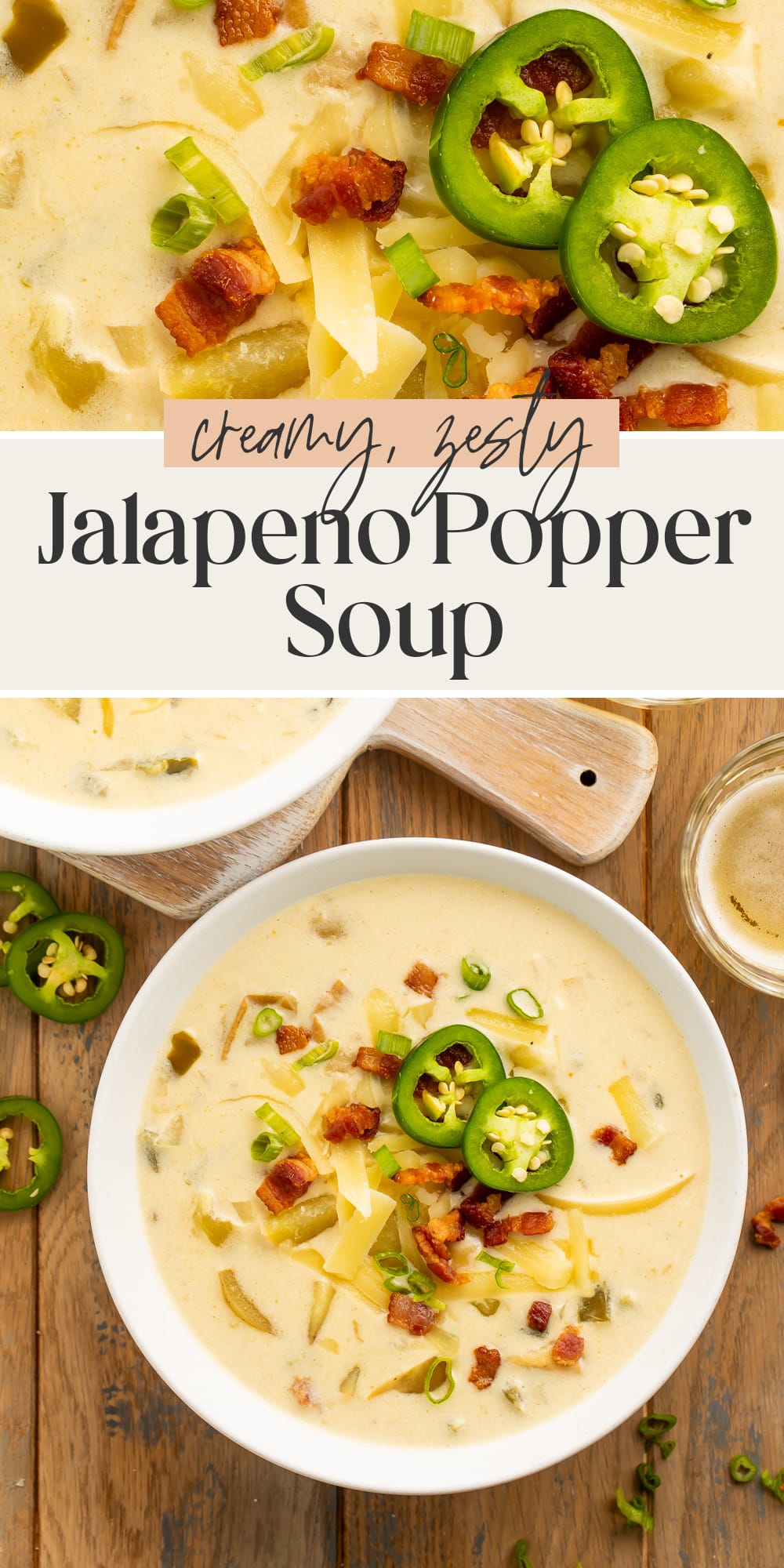 Pin graphic for jalapeño popper soup.