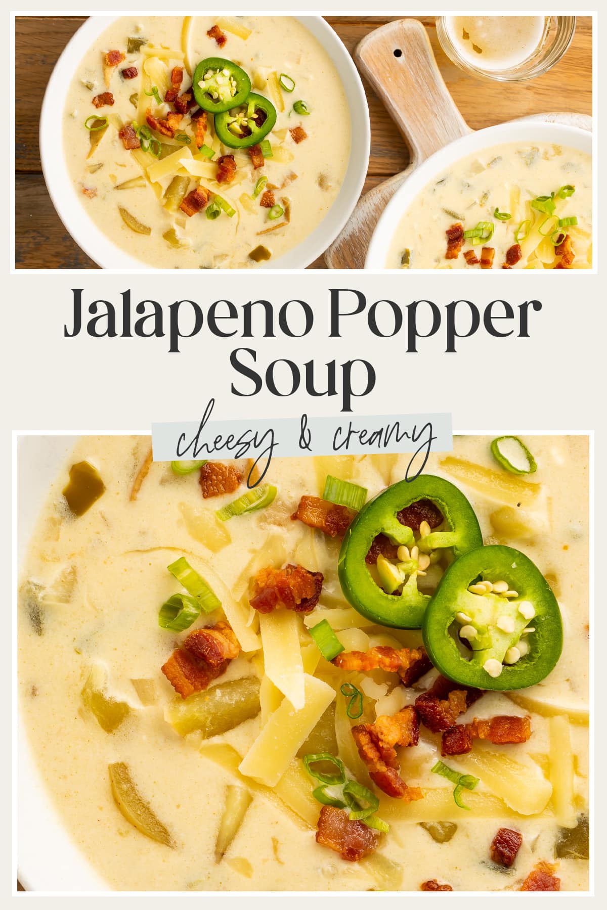 Pin graphic for jalapeño popper soup.