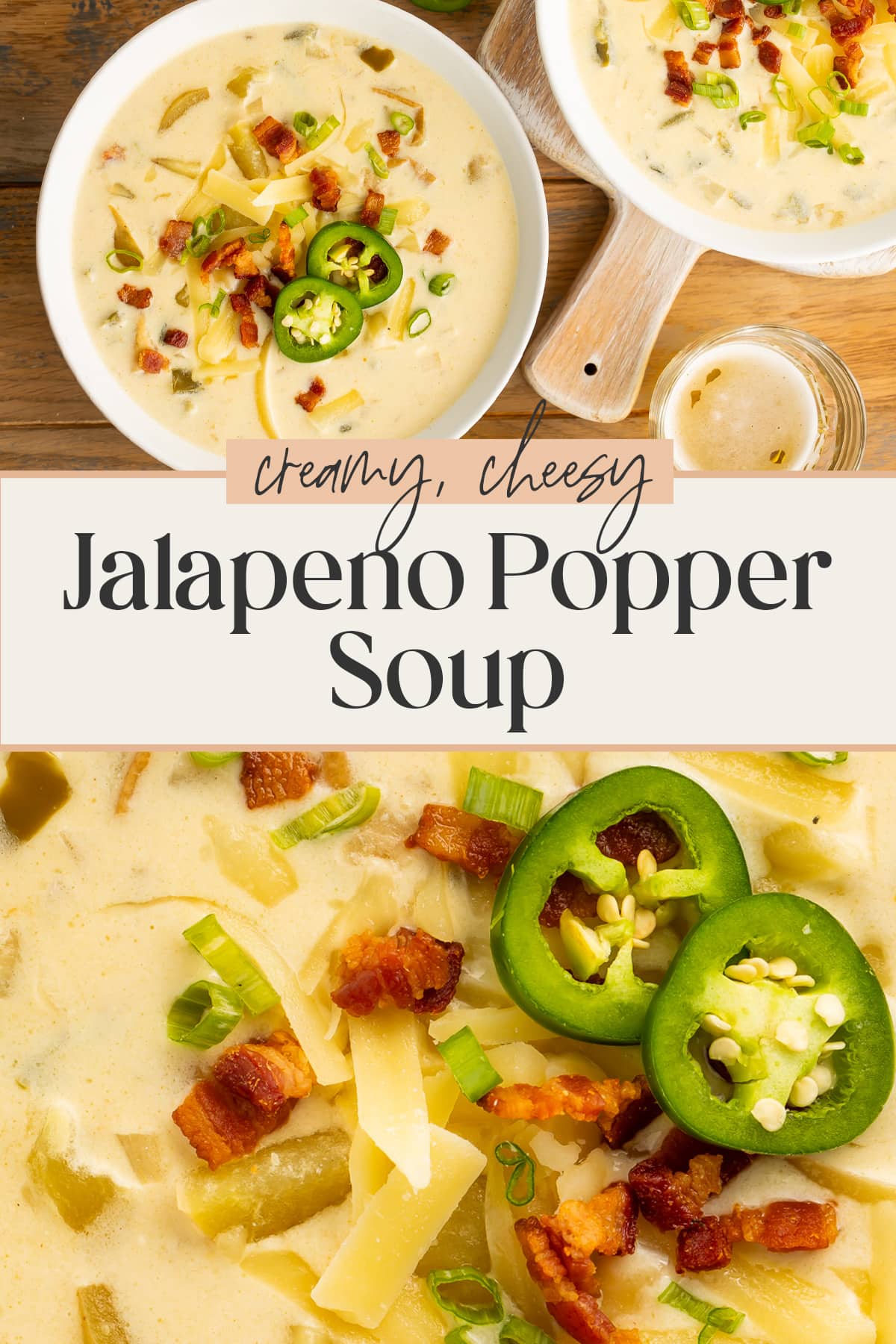 Pin graphic for jalapeño popper soup.