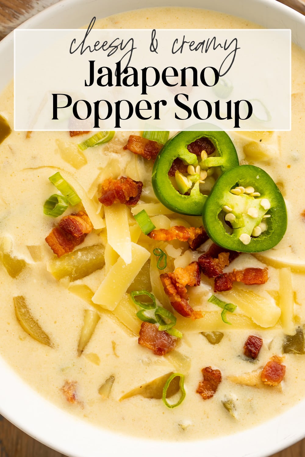 Pin graphic for jalapeño popper soup.