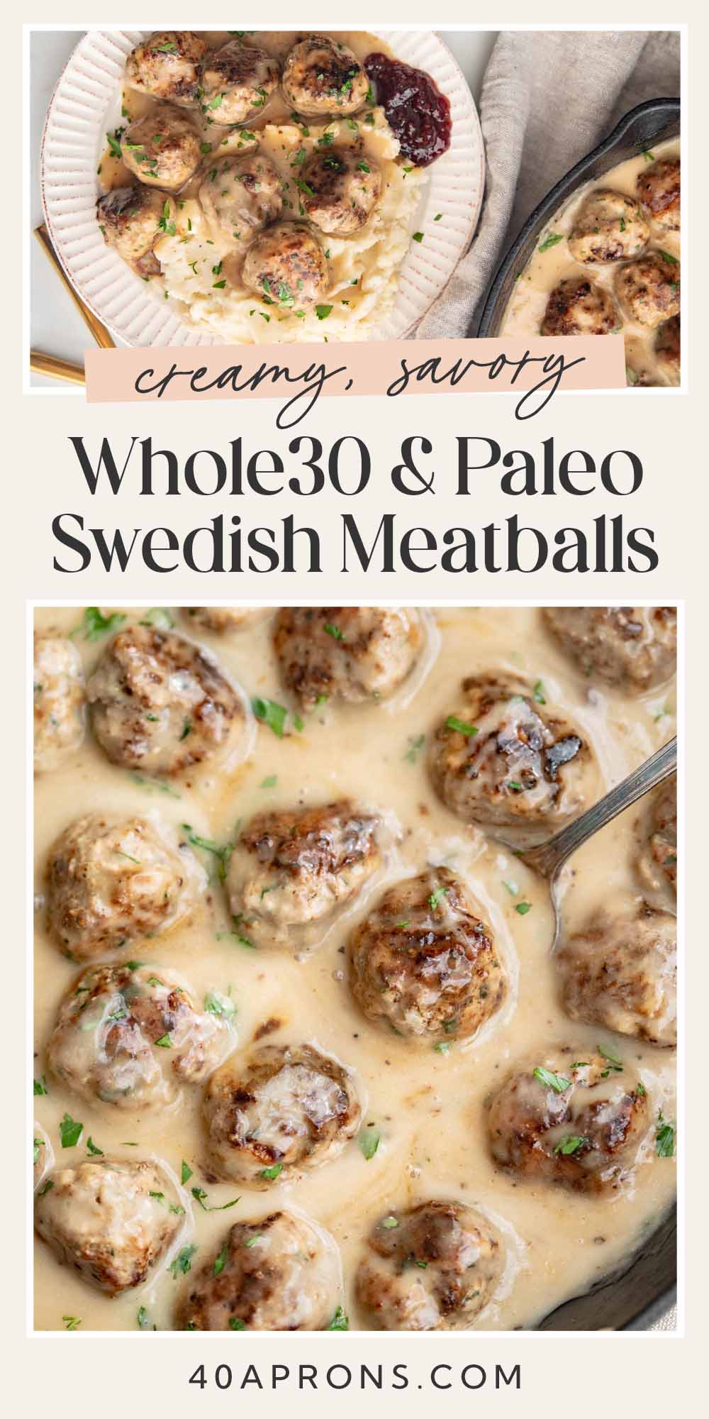 Pin graphic for Whole30 Swedish meatballs.