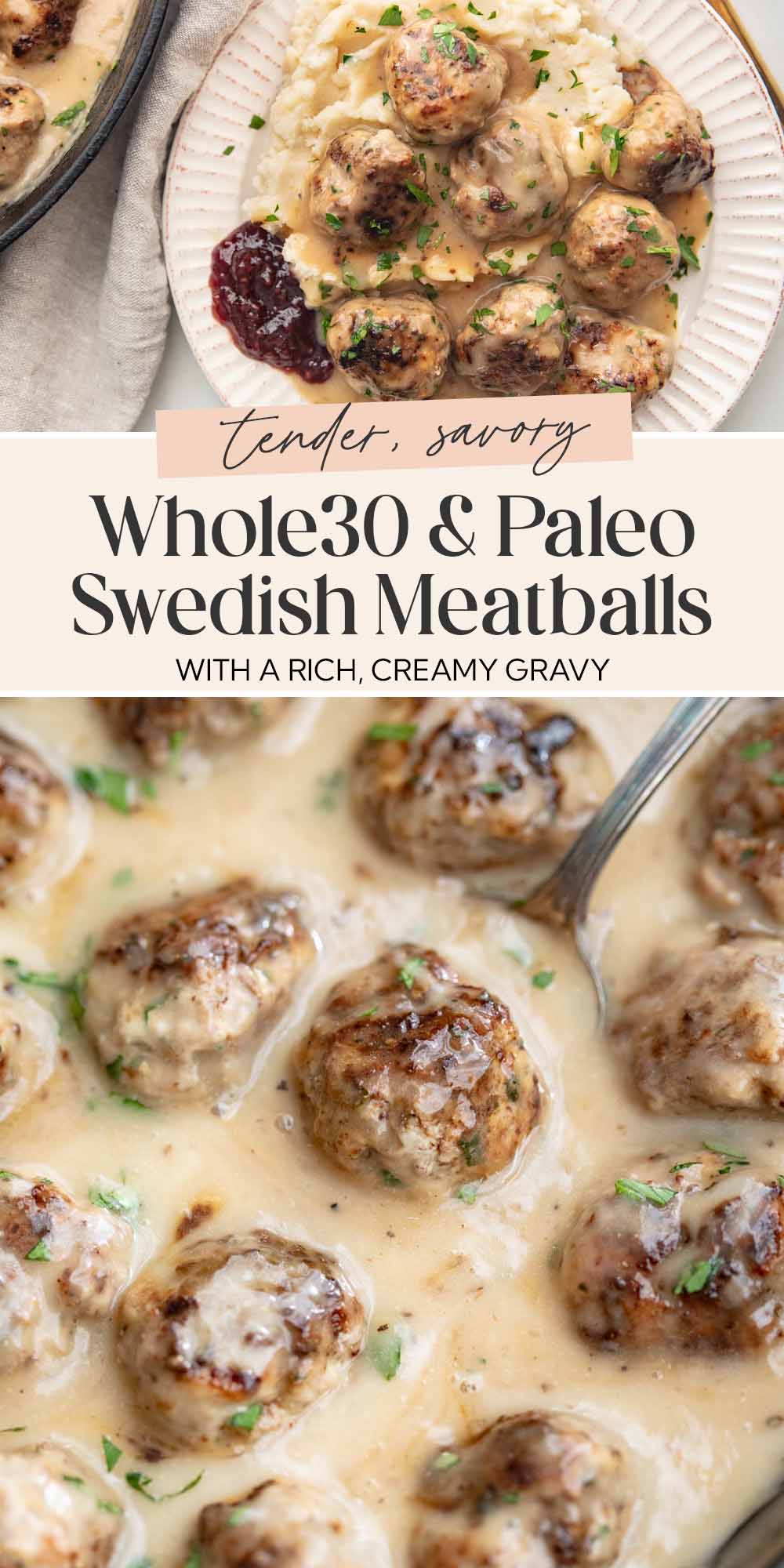 Pin graphic for Whole30 Swedish meatballs.