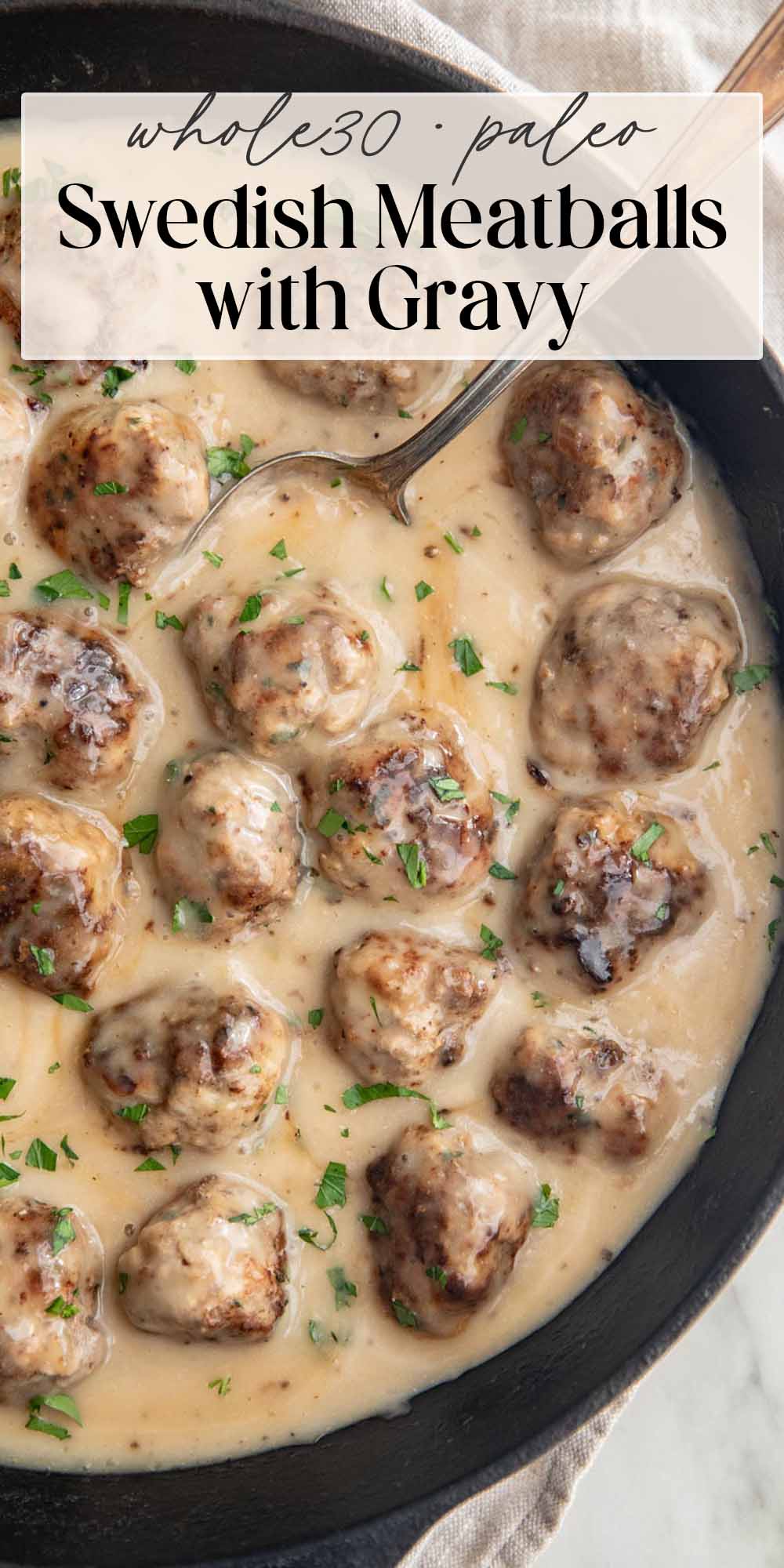 Pin graphic for Whole30 Swedish meatballs.