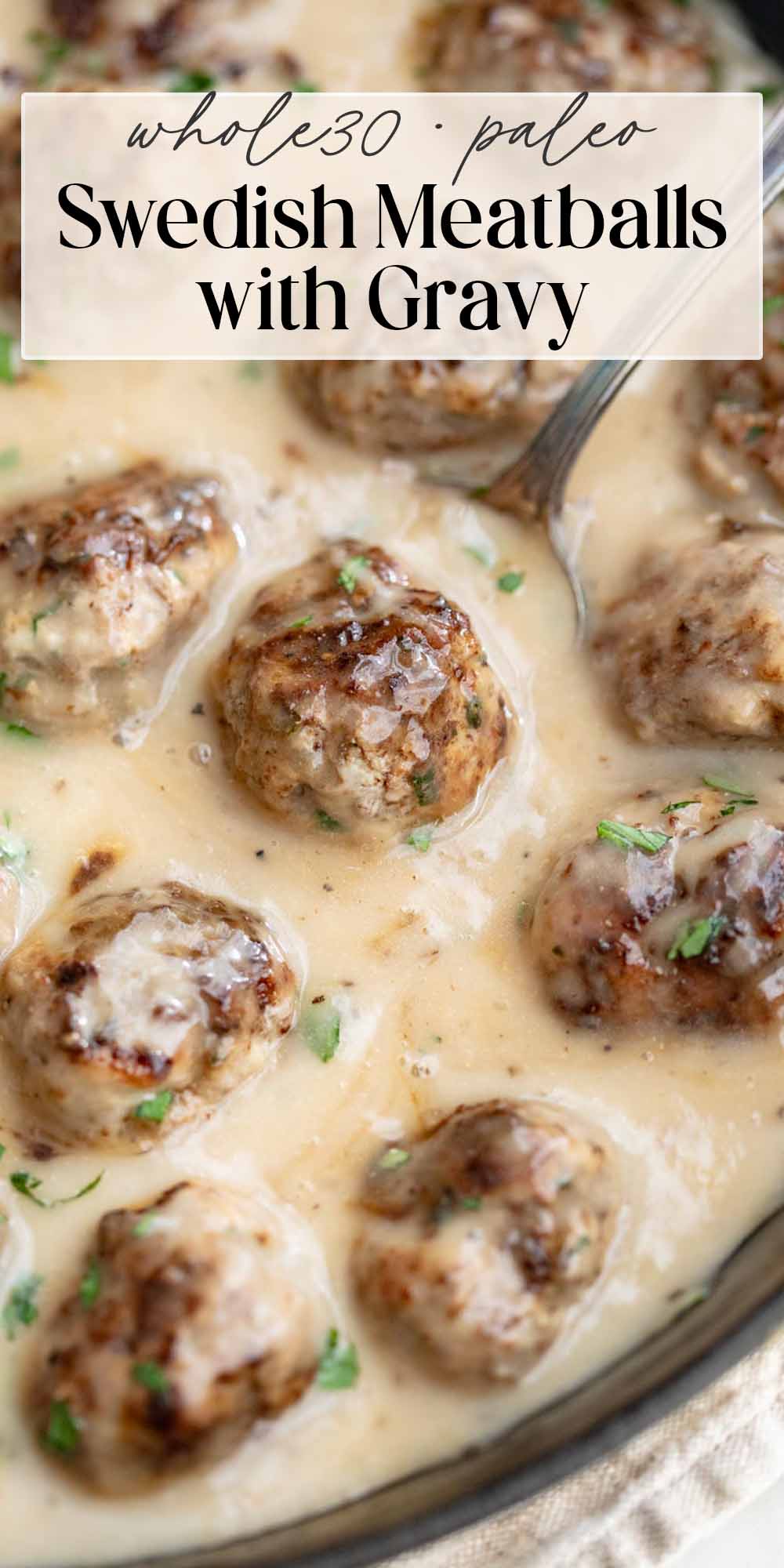 Pin graphic for Whole30 Swedish meatballs.