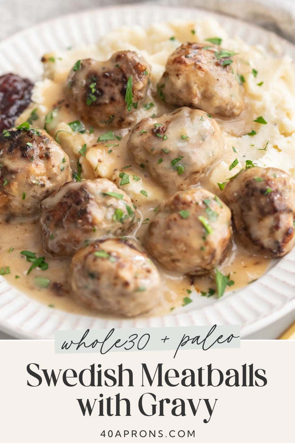 Pin graphic for Whole30 Swedish meatballs.