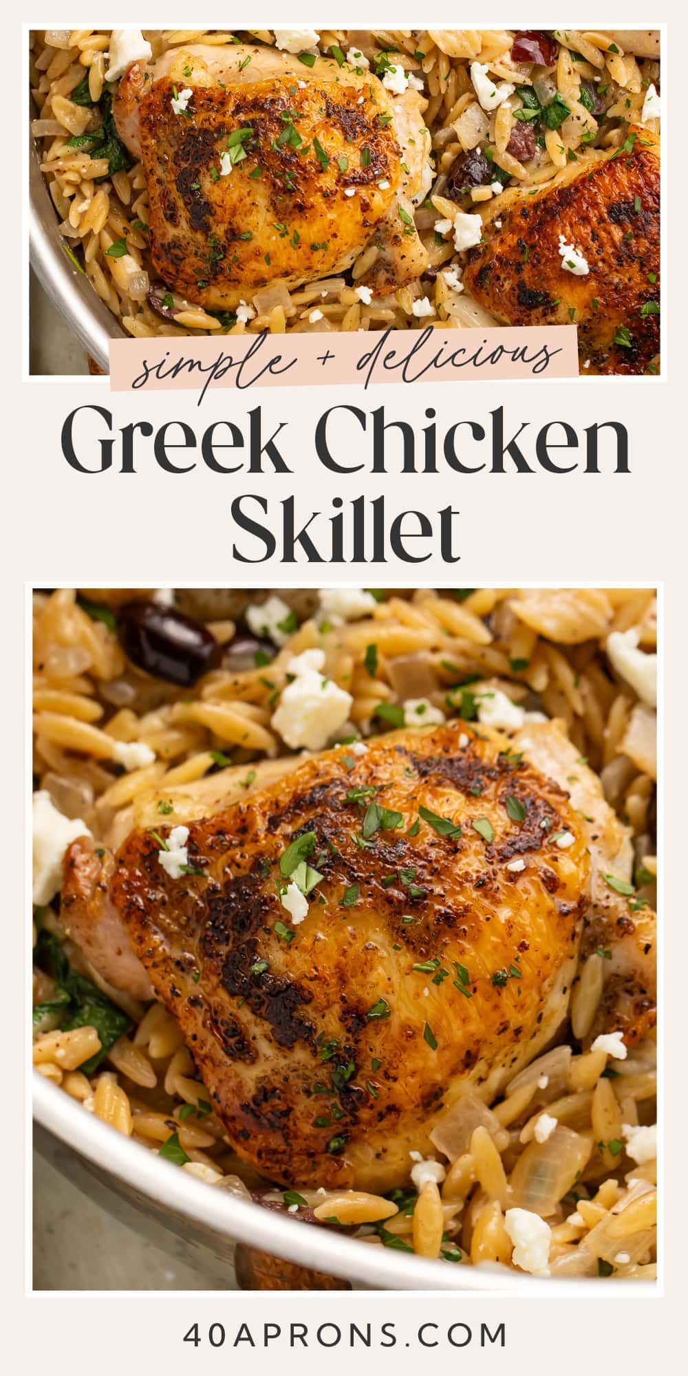 Pin graphic for Greek chicken skillet.