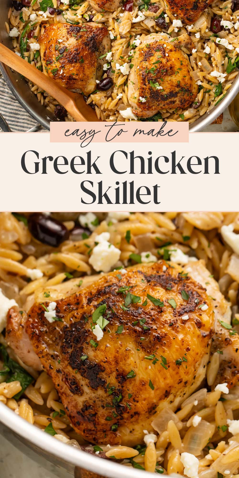 Pin graphic for Greek chicken skillet.