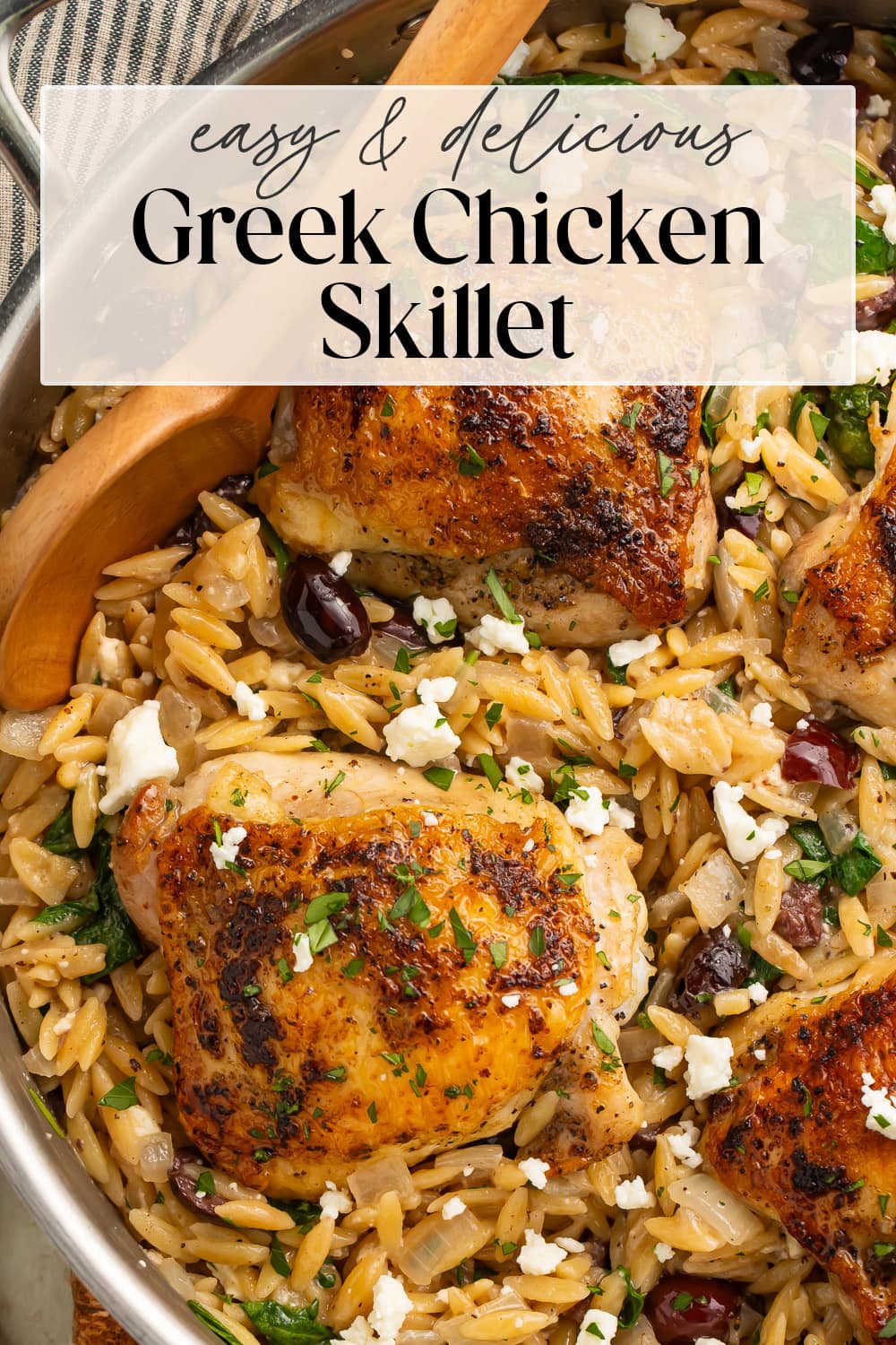 Pin graphic for Greek chicken skillet.