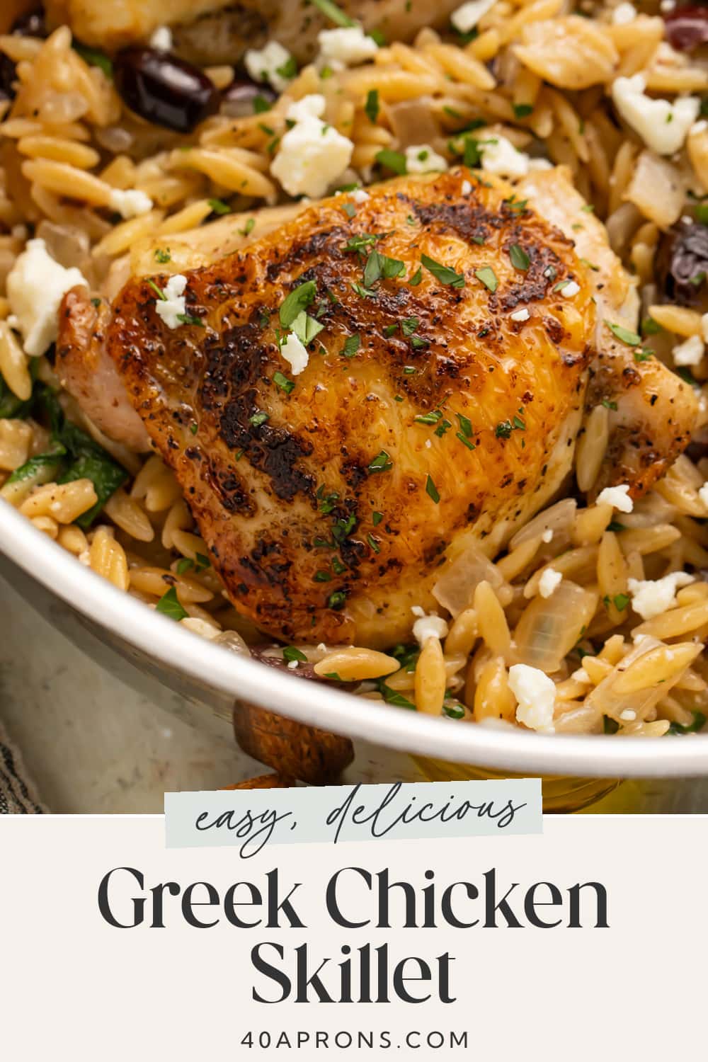 Pin graphic for Greek chicken skillet.