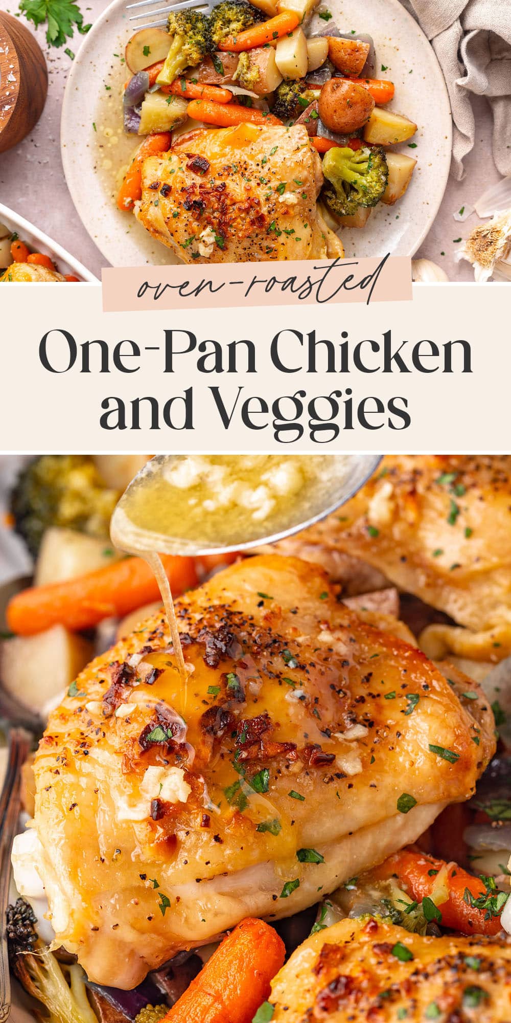 Pin graphic for one-pan chicken and veggies.