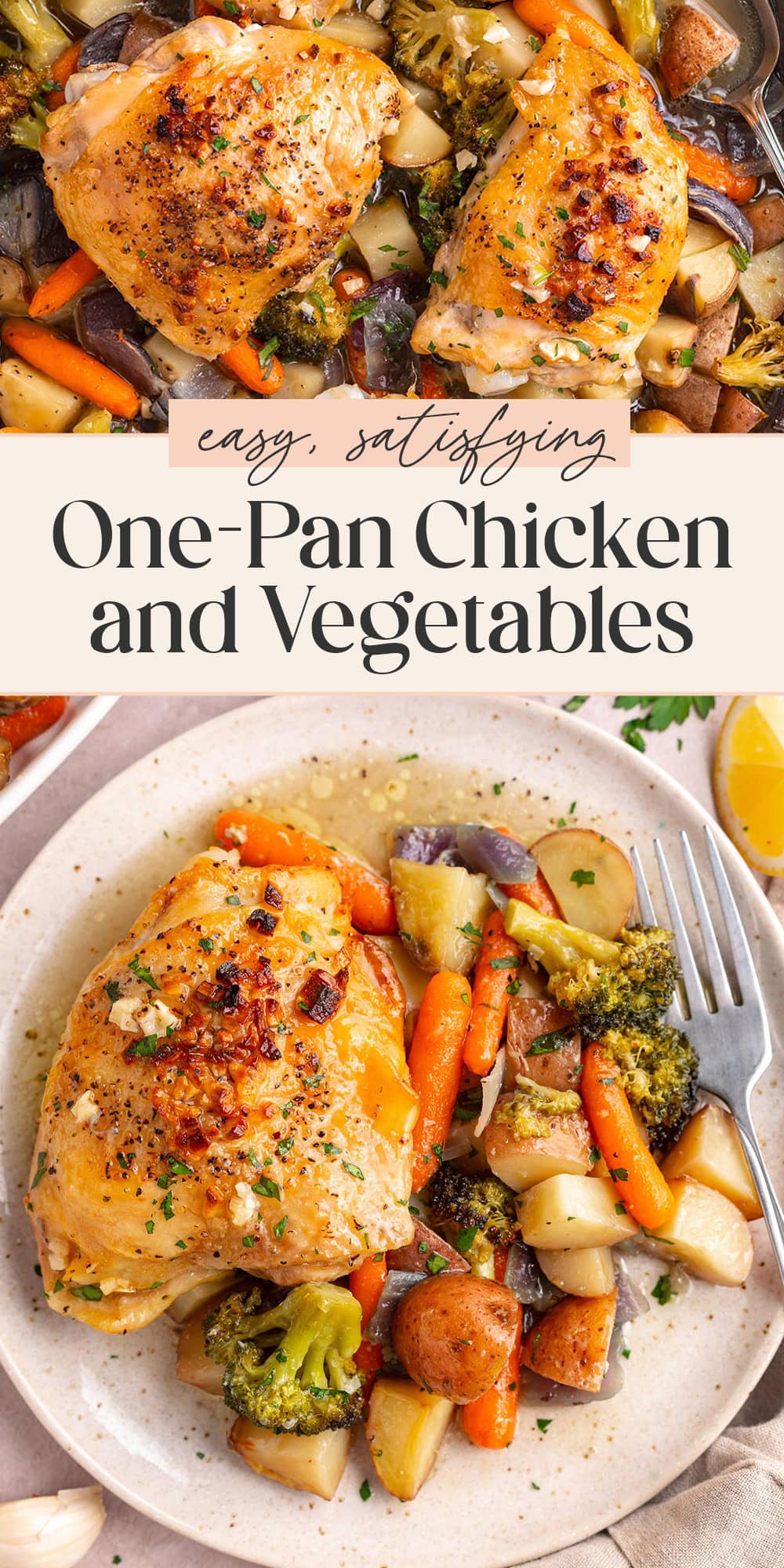 Pin graphic for one-pan chicken and veggies.