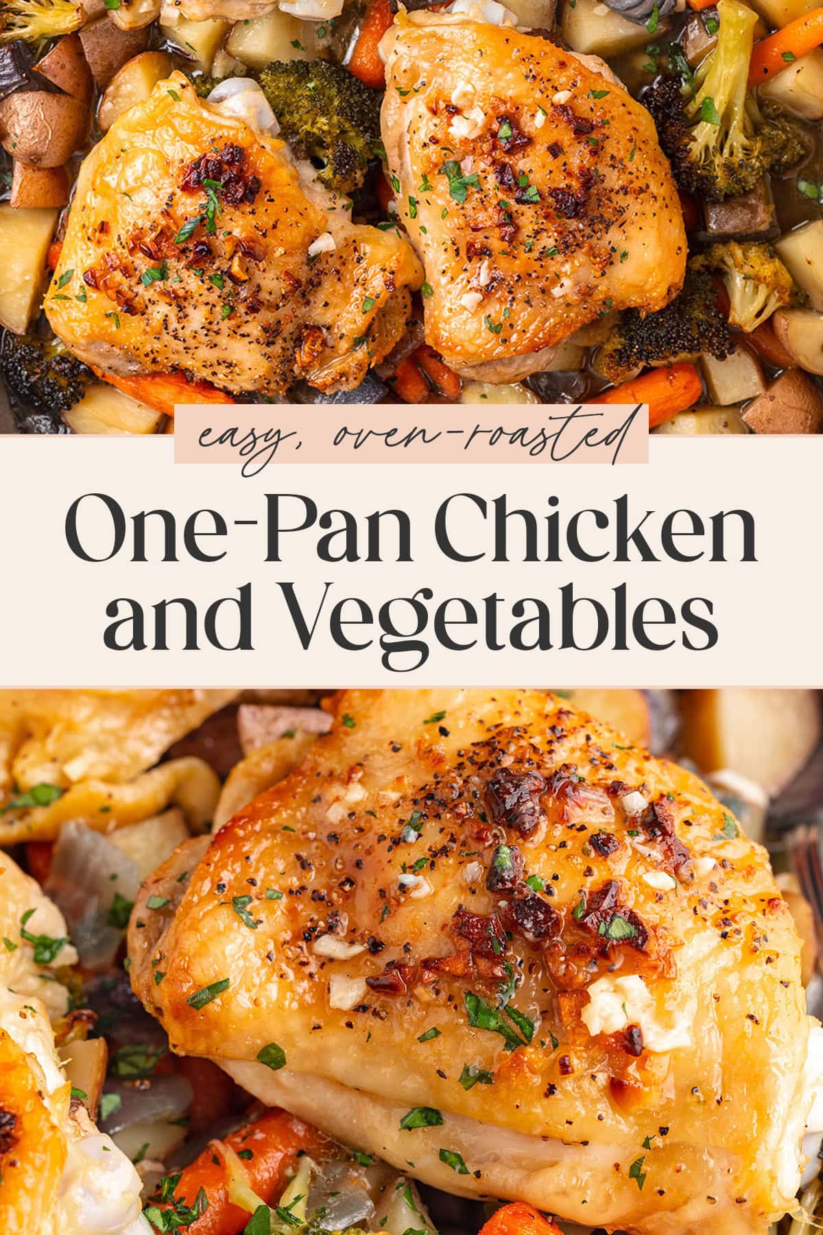 Pin graphic for one-pan chicken and veggies.