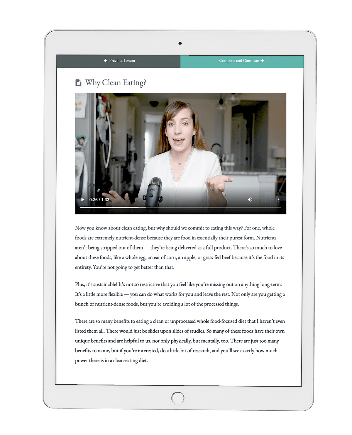 "Sustainable Clean Eating" online course shown on a tablet.