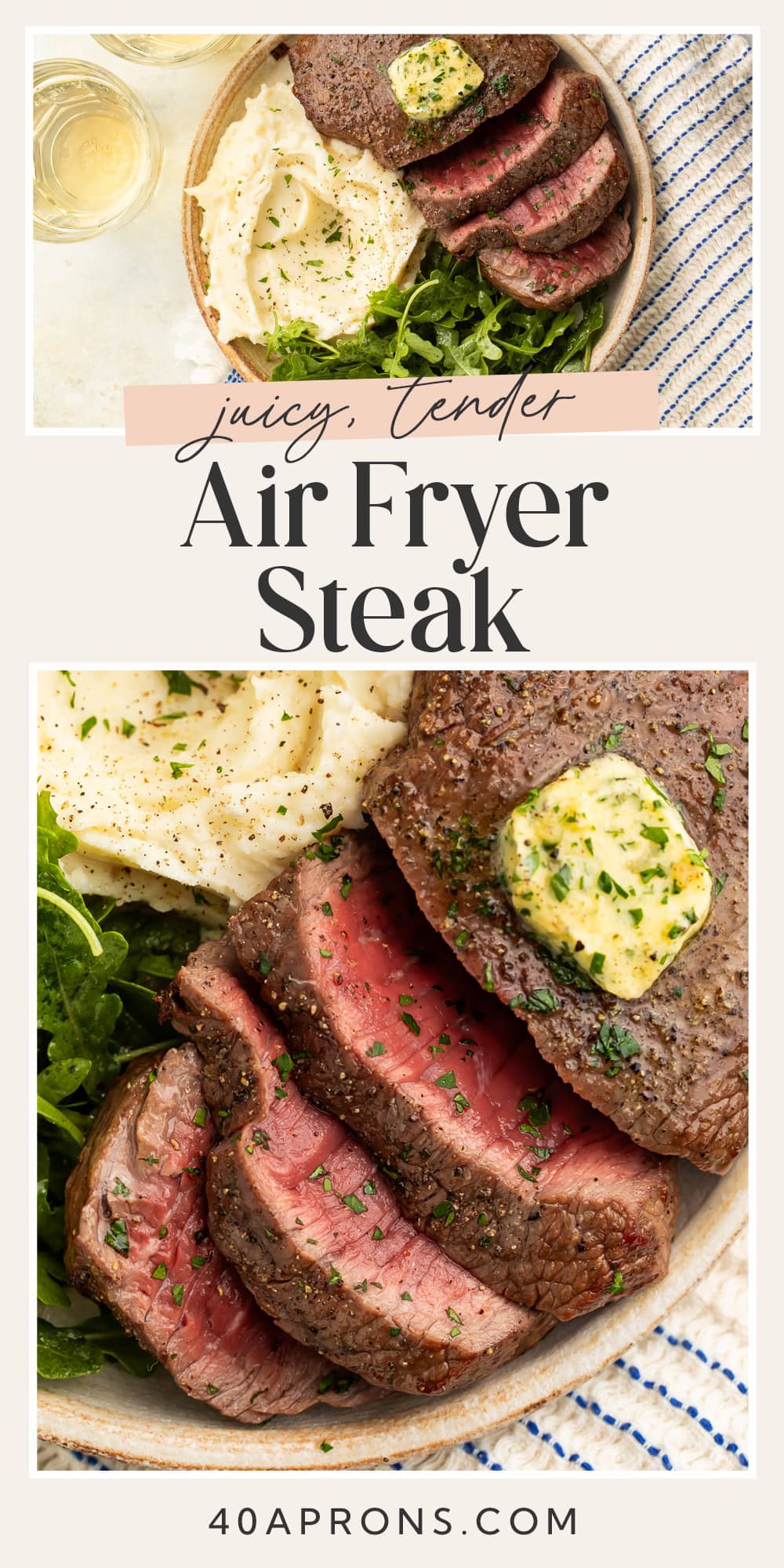 Pin graphic for air fryer steak.