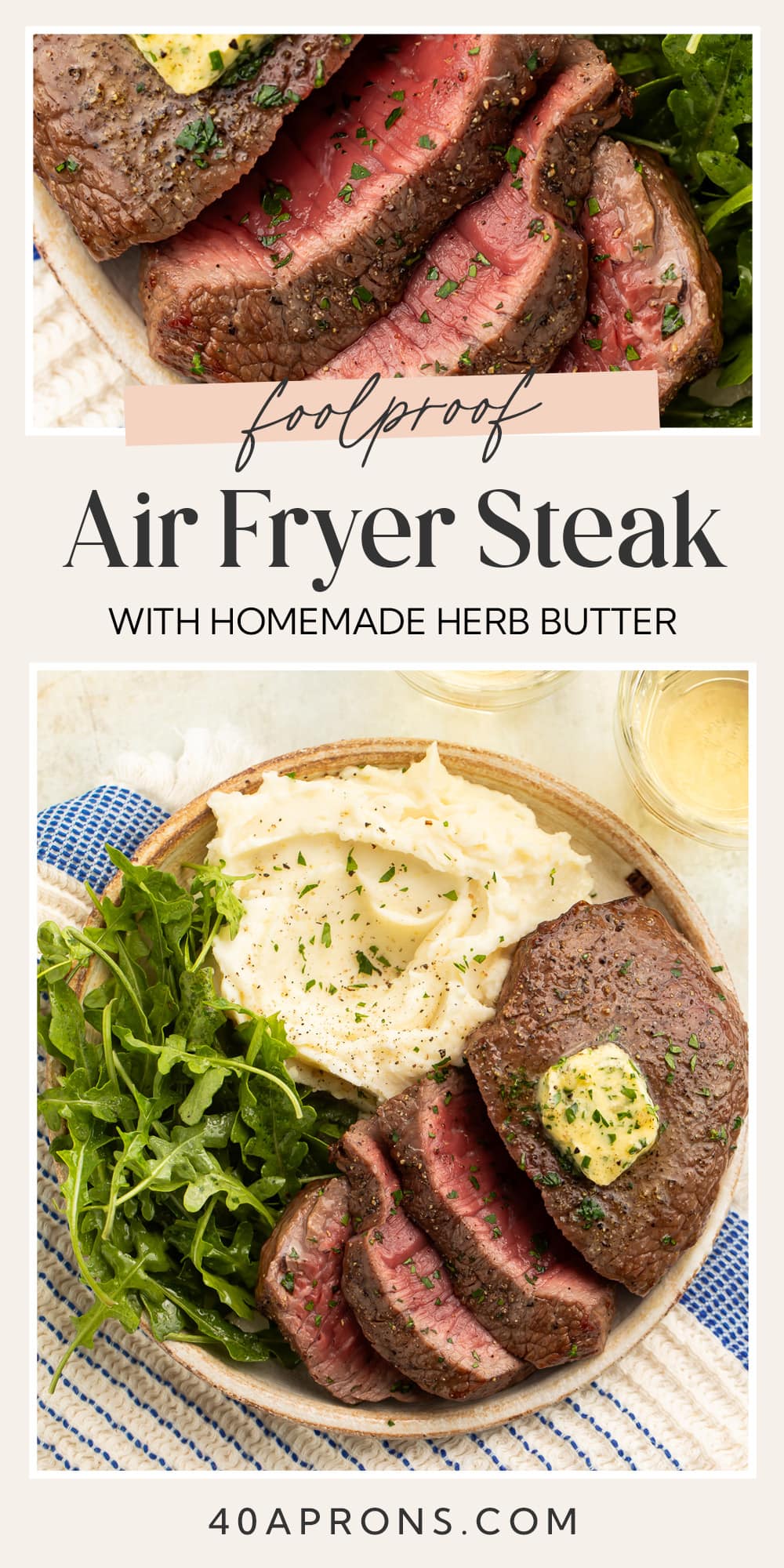 Pin graphic for air fryer steak.