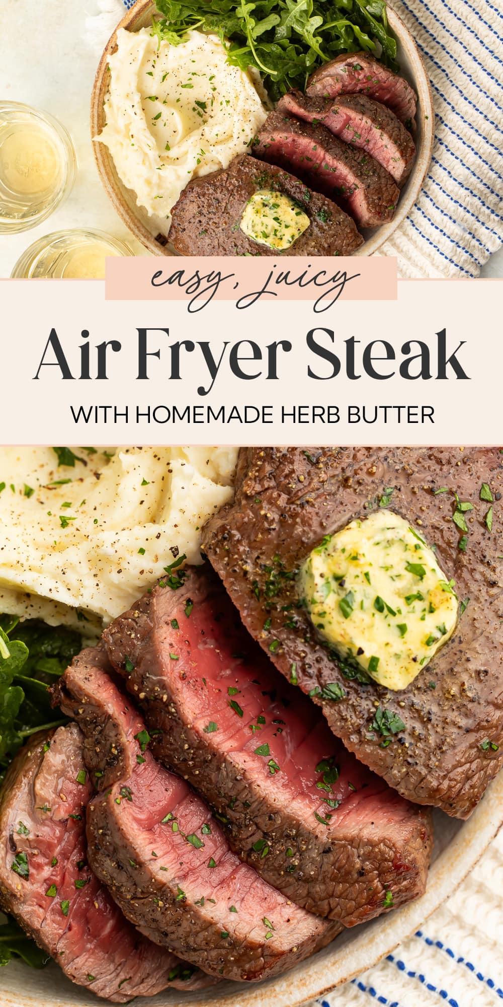 Pin graphic for air fryer steak.