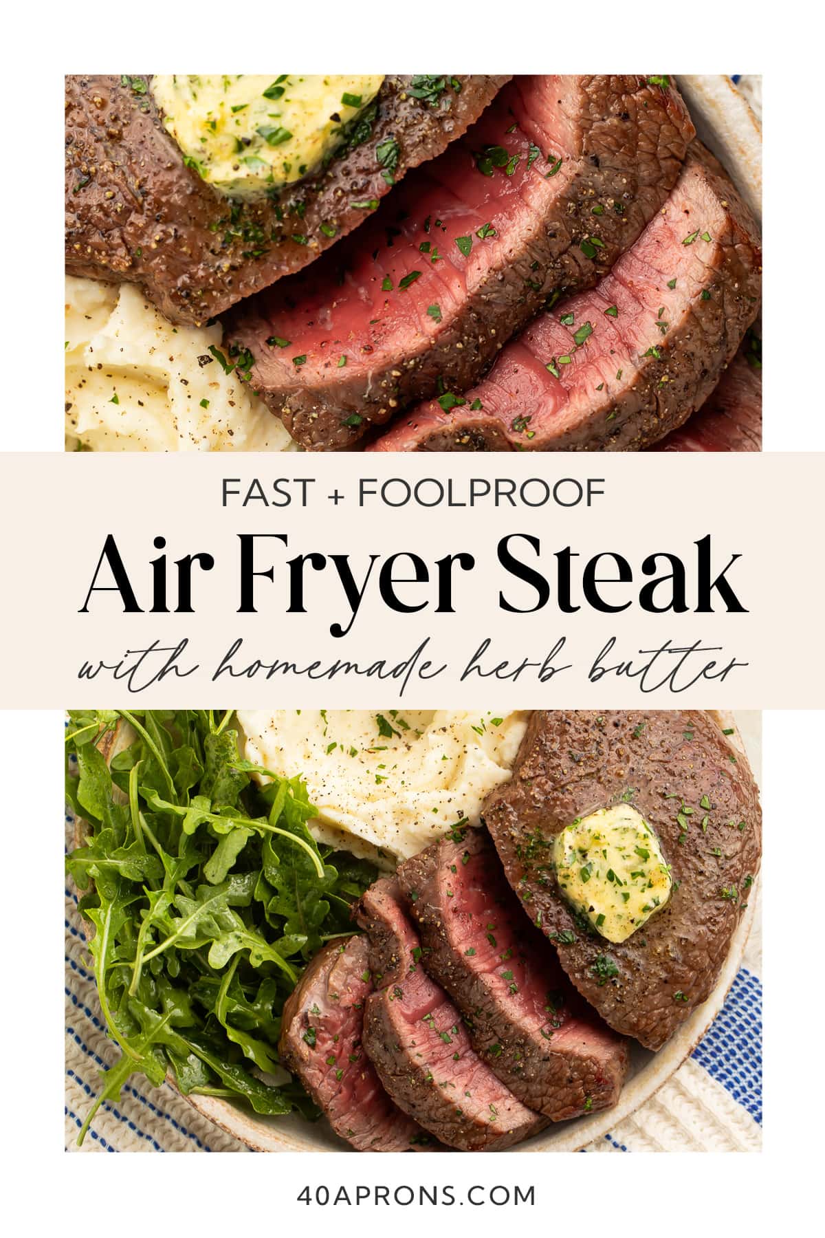 Pin graphic for air fryer steak.