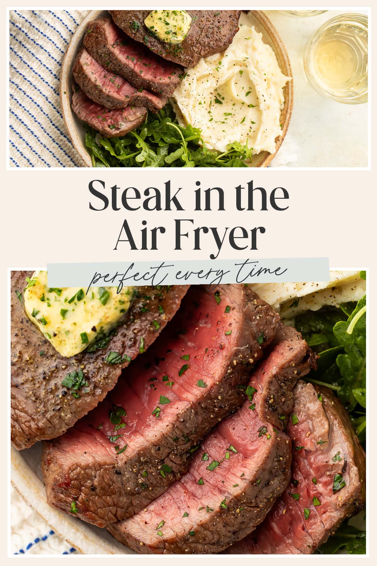 Pin graphic for air fryer steak.