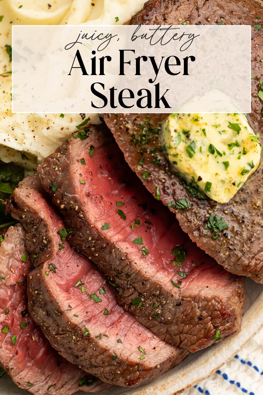 Pin graphic for air fryer steak.