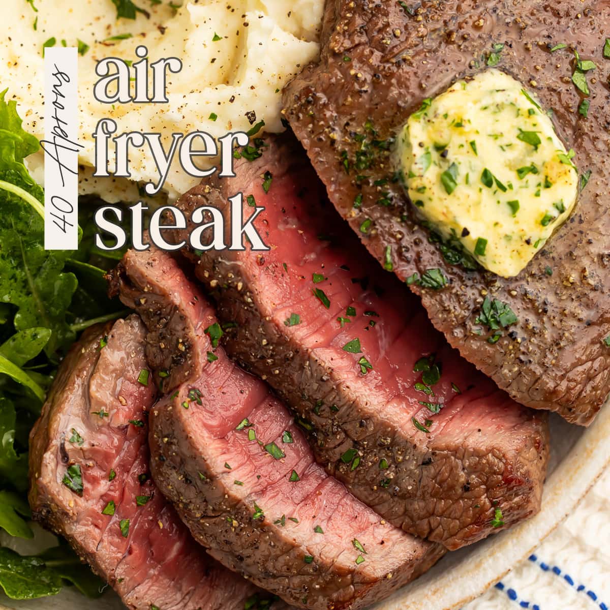 Pin graphic for air fryer steak.