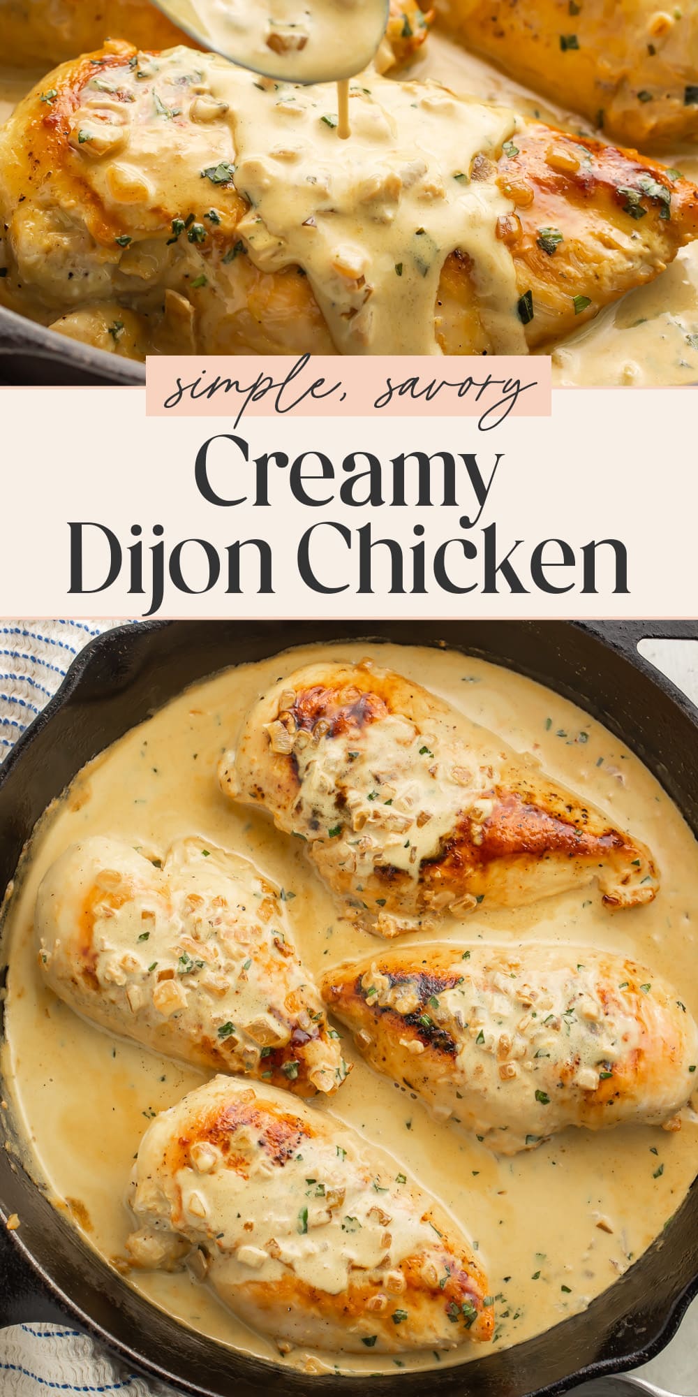 Pin graphic for creamy Dijon chicken.