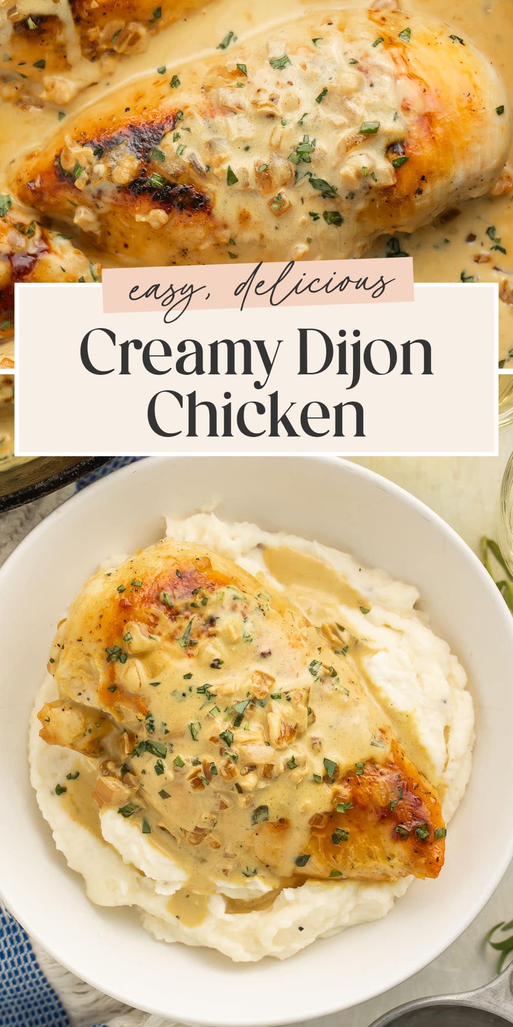 Pin graphic for creamy Dijon chicken.