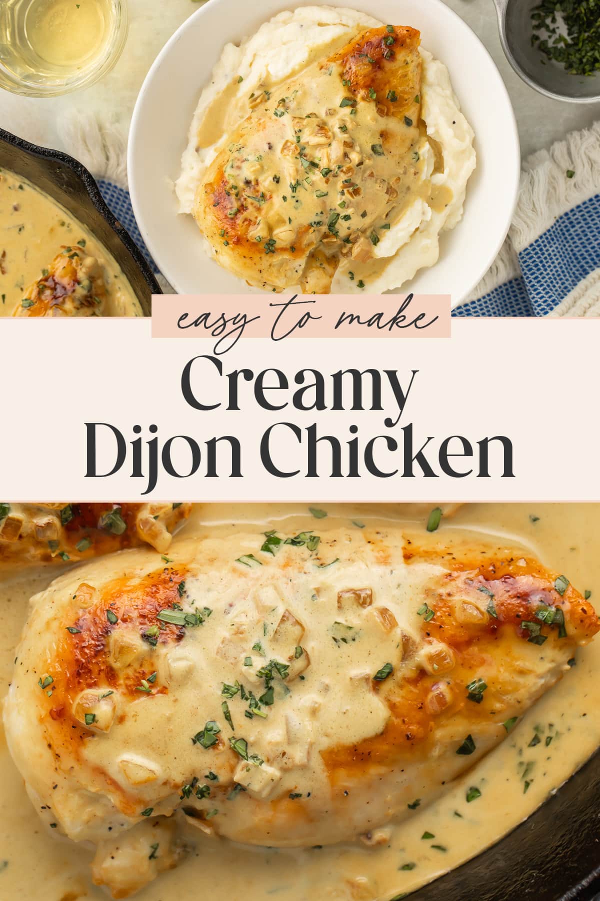 Pin graphic for creamy Dijon chicken.