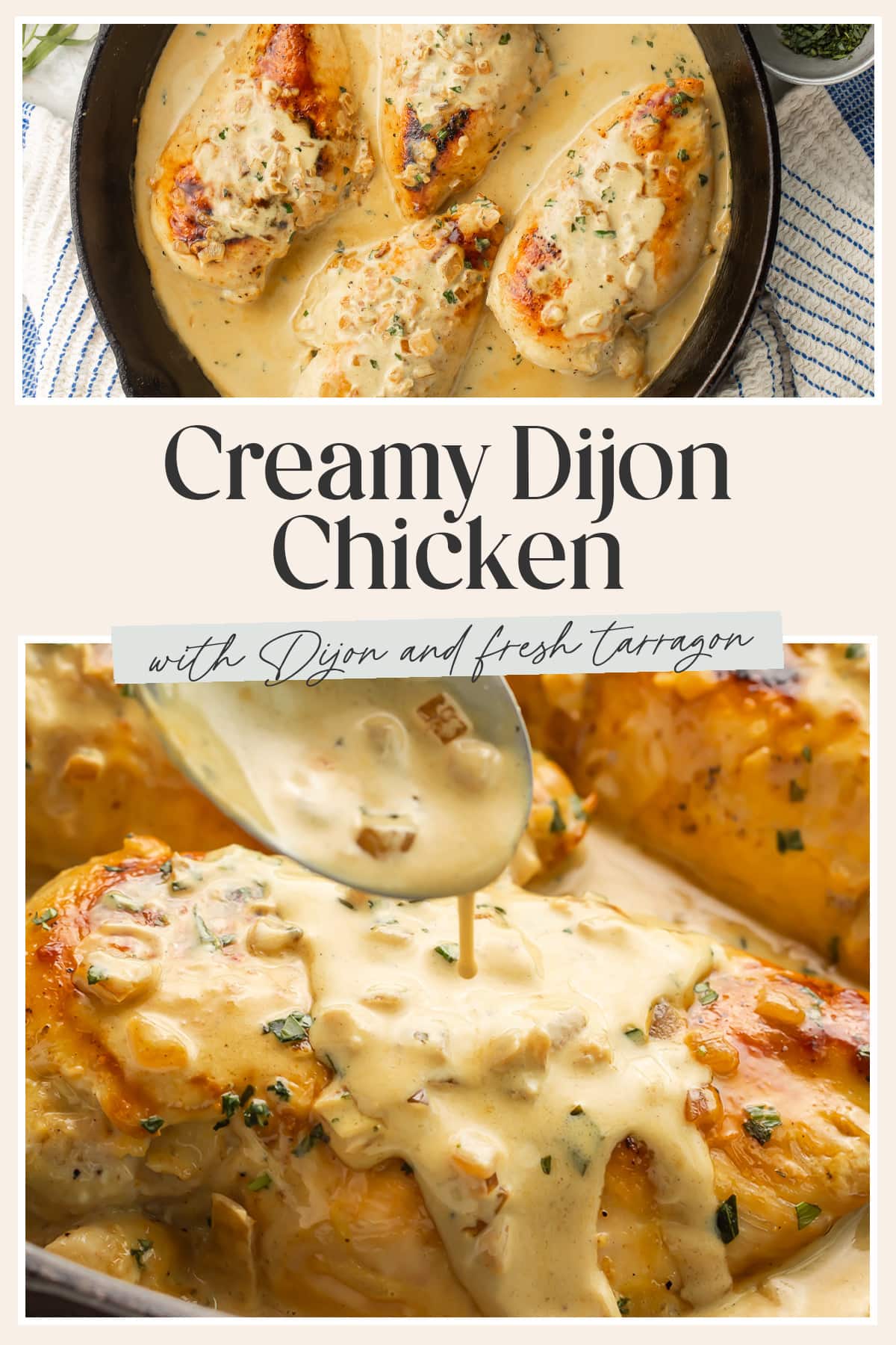 Pin graphic for creamy Dijon chicken.