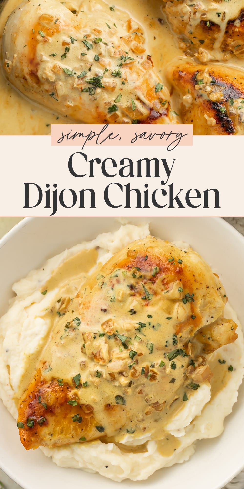 Pin graphic for creamy Dijon chicken.