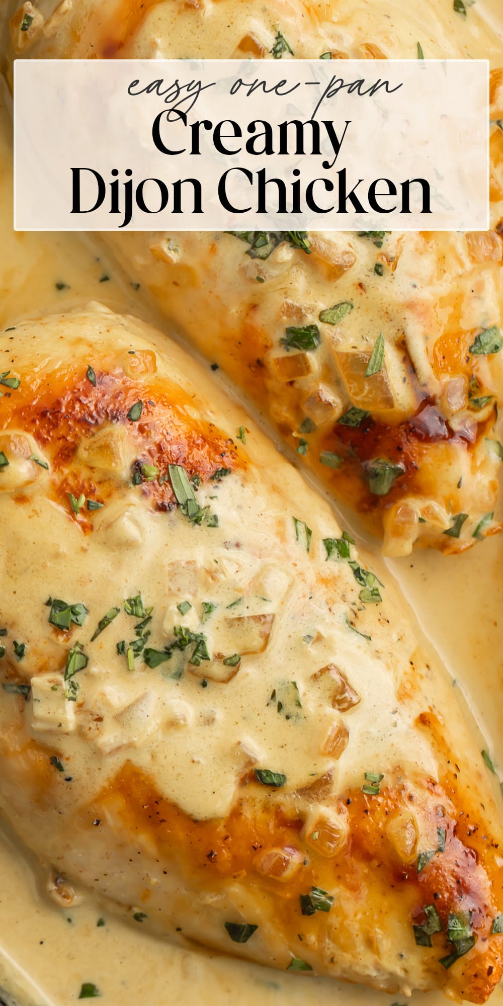 Pin graphic for creamy Dijon chicken.